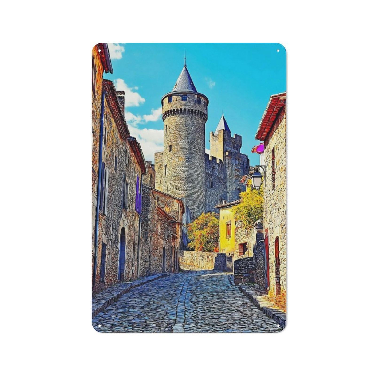 Junmoney Medieval Castle Street Scene -1 Cottage Metal Wall Decor 30X20cm, Shed Metal Sign For Conservatory, Home Bar Or Utility Room