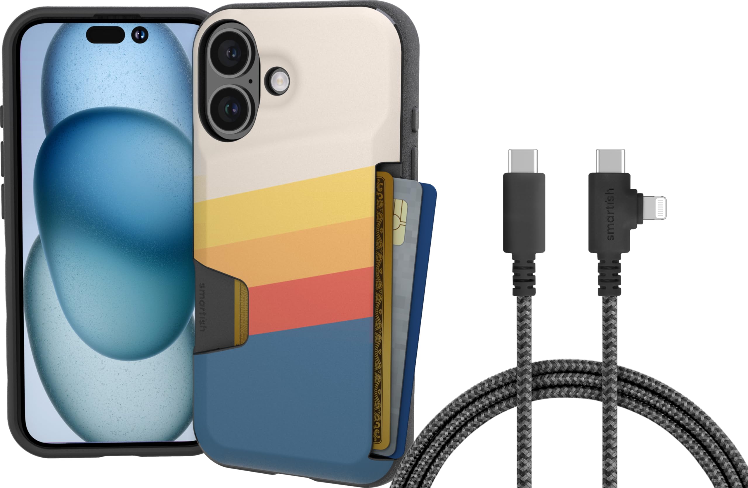 Smartish® iPhone 16 Wallet Case + USB C Lightning Cable Bundle - 6 Foot Fabric Wrapped Fast Charging Cable for Apple iPhone 16