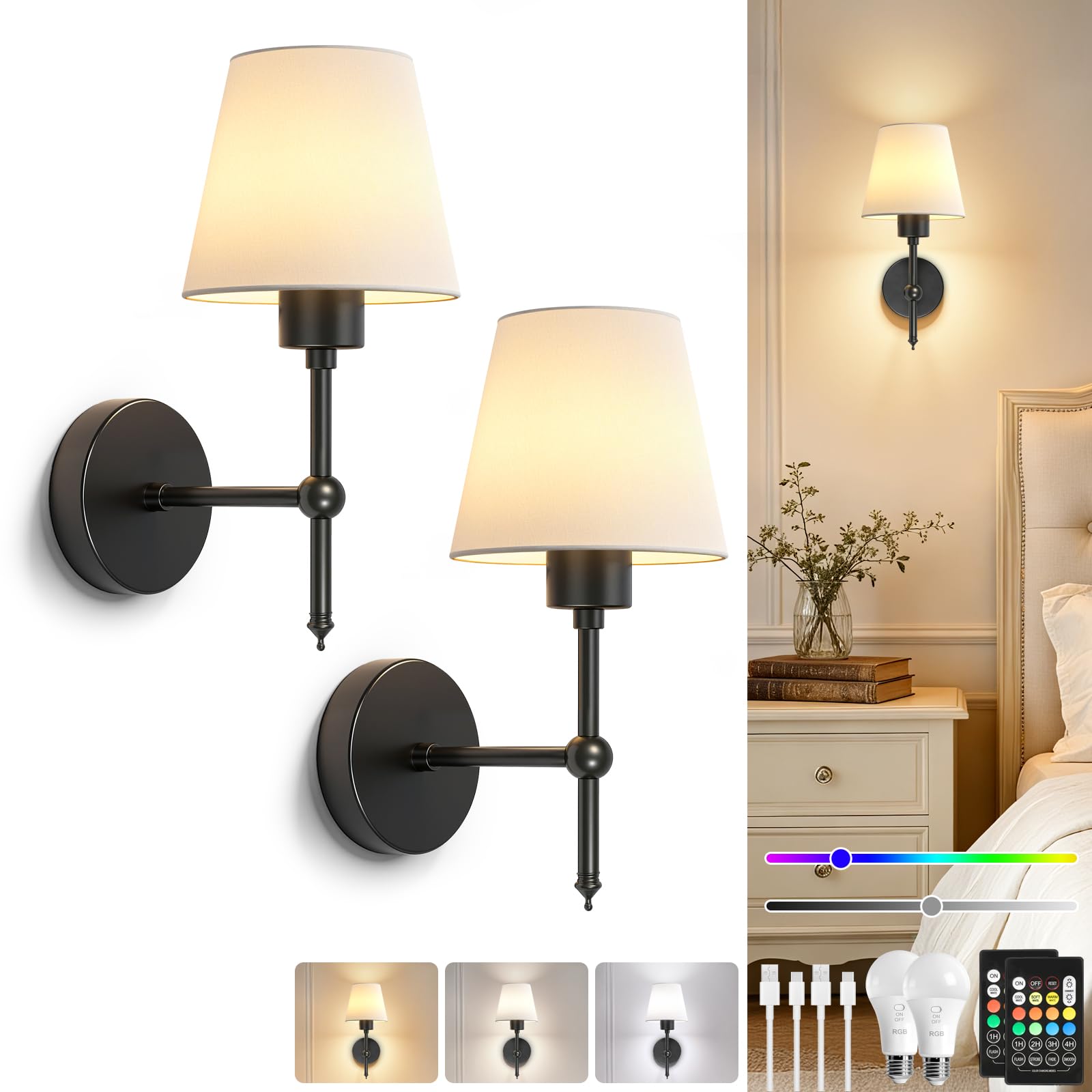 Dehobo Battery Operated Wall Lights Set of 2, Rechargeable LED Wall Sconces with Fabric Shade, Black Wireless Lamps with Remote, Dimmable 3CCT & RGB, Modern Decor for Bedroom Living Room Hallway
