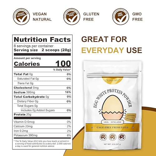 Miniatura 2 de Orgnisulmte Polvo de proteína de clara de huevo 8 Oz, claras de huevo pasteurizadas y secas, sin gluten, sin transgénicos, sin sabor, de gallinas en