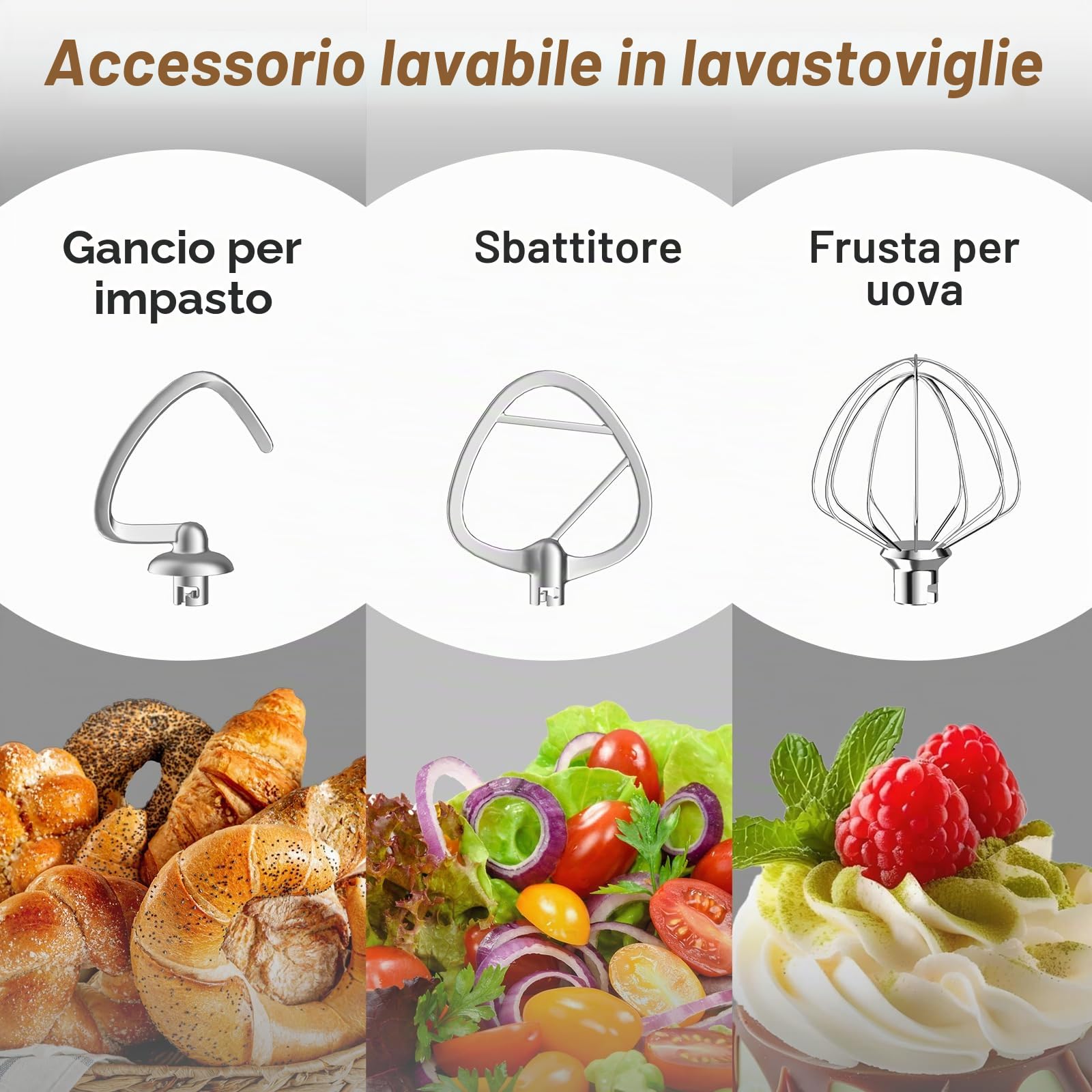 Impastatrice Planetaria Professionale, 1500W, 10 Velocità e Funzione Pulse, Contenitore Inox 5.5 L, Piedini antiscivolo, Coperchio con apertura, Uncino, Mescolatore, Frusta sbattitrice