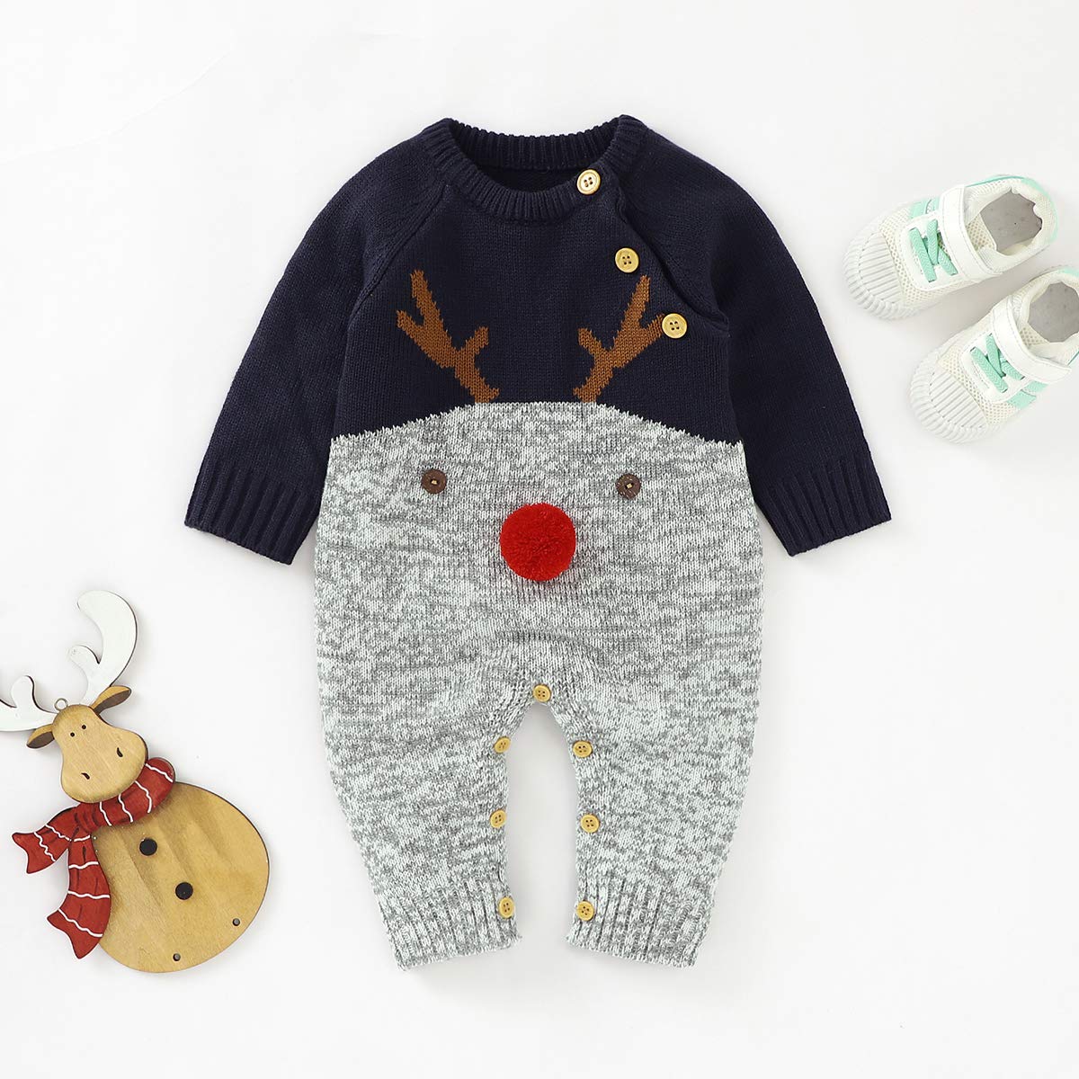 BéBé Filles Barboteuse à Manches Longues Combinaison Pulls TricotéS Renne Tenue Automne Hiver VêTements DéContractéS