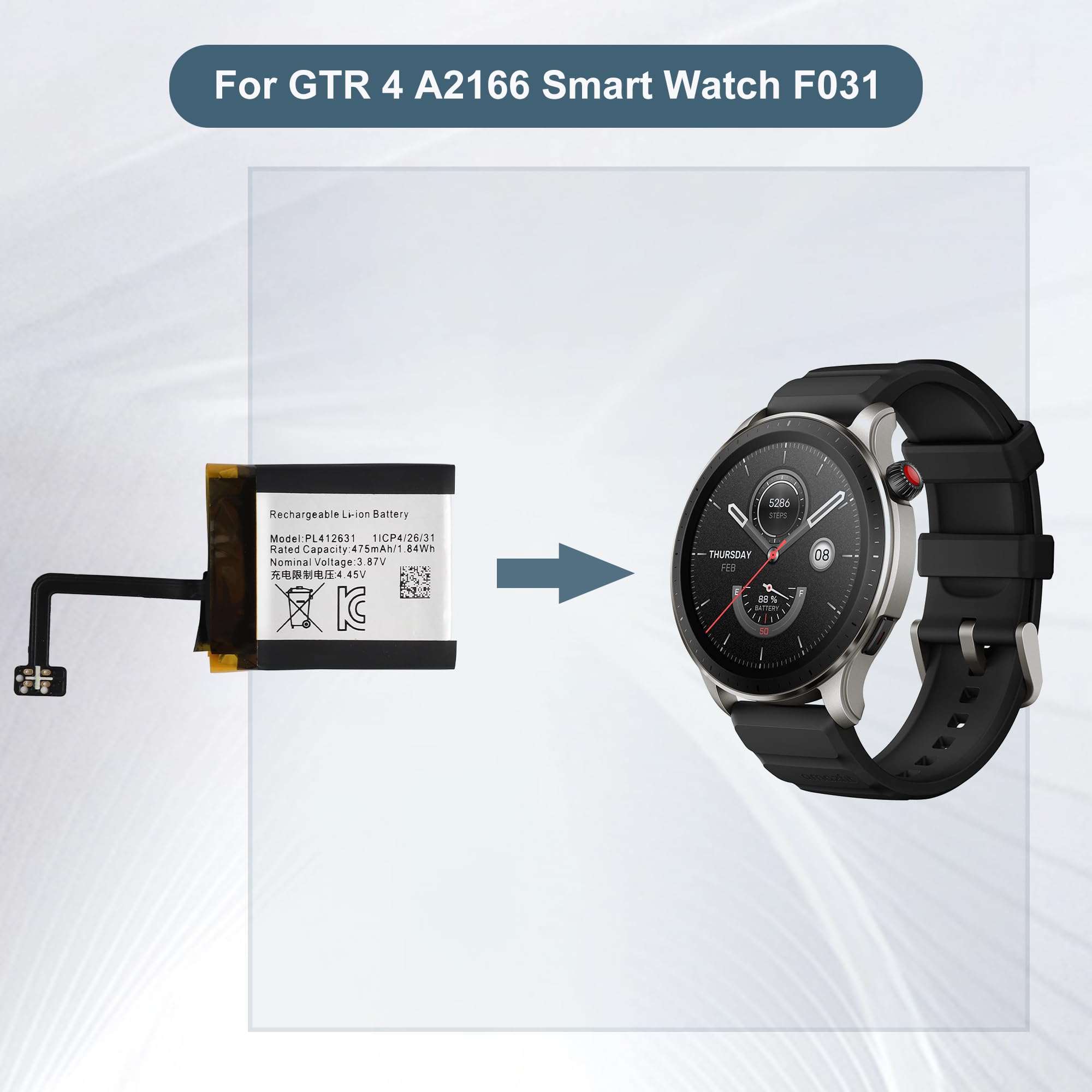 PL412631 akumulator zastępczy 475 mAh/3,87 V kompatybilny z GTR 4 A2166 Smart Watch F031 z narzędziami