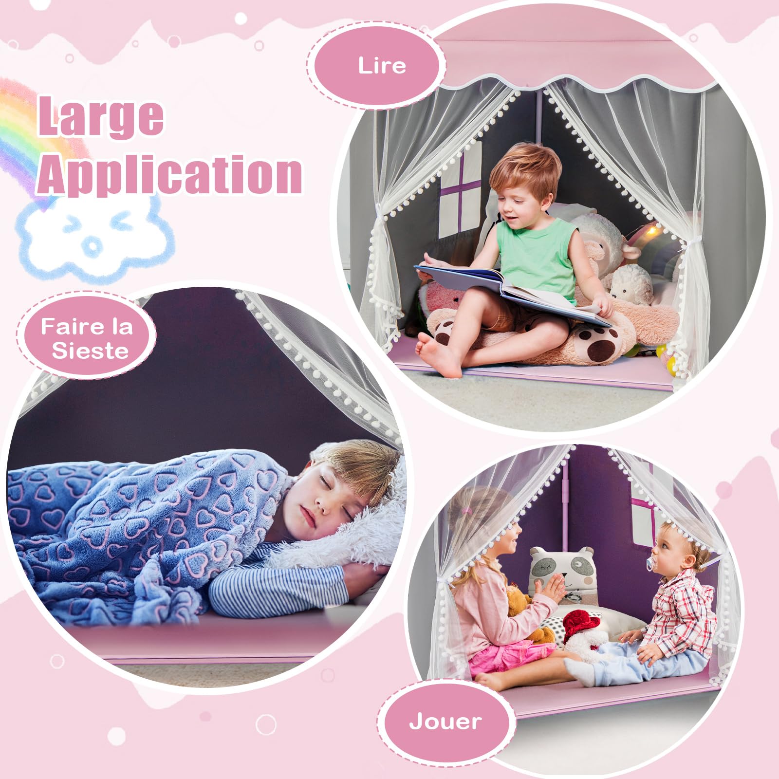 COSTWAY Tente de Jeux pour Enfants avec Lumières Étoiles & Tapis Lavable en Coton, Cabane Enfant Interieur avec Rideau & 2 Fenêtres, Château de Princesse Tente pour 4 Enfants, 104x122x135 cm
