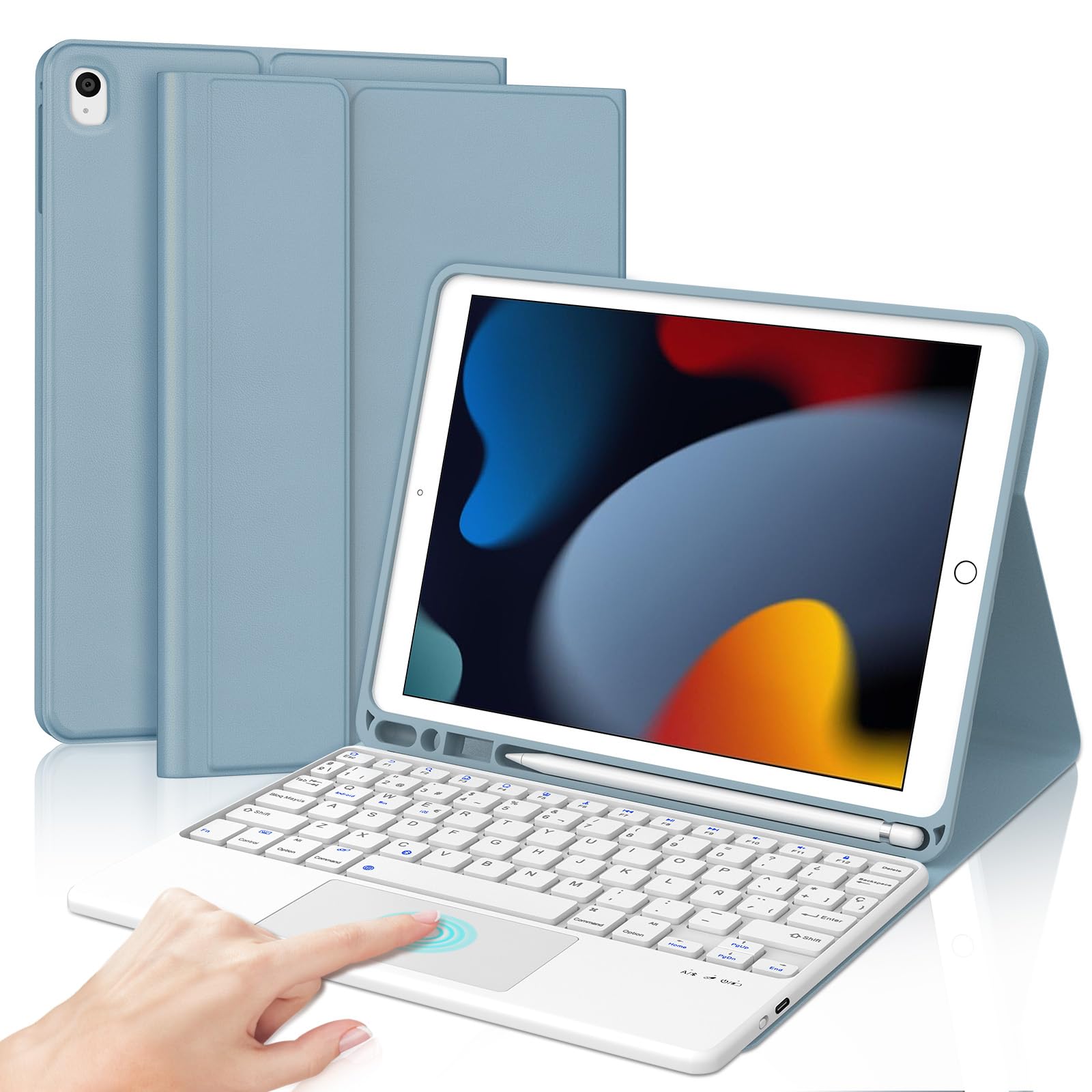 IVEOPPE Funda Teclado para iPad 9/8/7 generacion 10.2"/Air 3 10.5"/Pro 10.5 con Touchpad, Teclado Trackpad Español Ñ QWERTY Bluetooth Desmontable para iPad 2021/2020/2019, Azul Brumoso