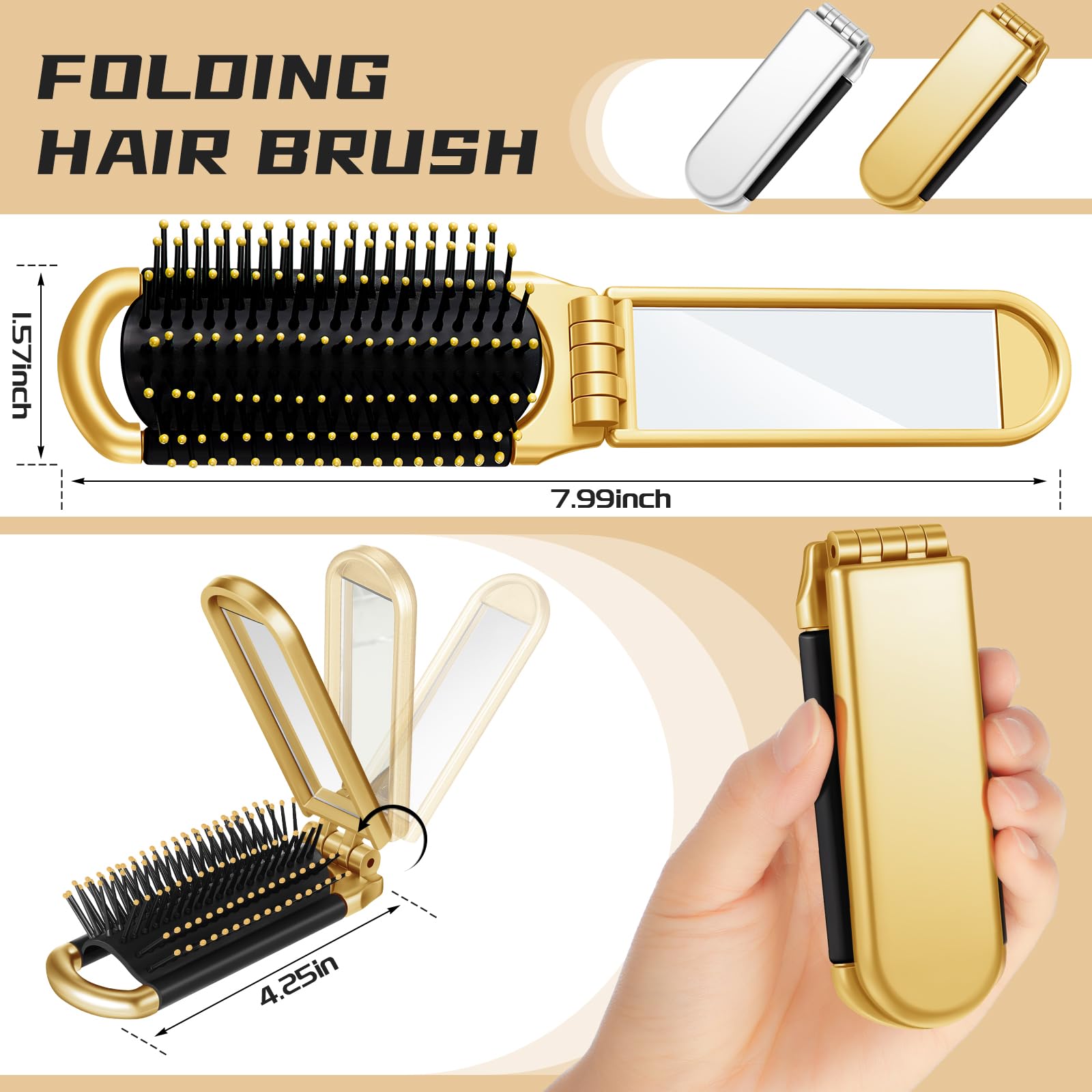 Uiifan 2-in-1 faltbares Reise-Haarbürsten-Set mit Spiegel, Mini-Tasche, kompakt, tragbar, für Damen und Herren, Salonbedarf, Hochzeitsfeier, Hotelzubehör (Gold, Silber), 50 Stück