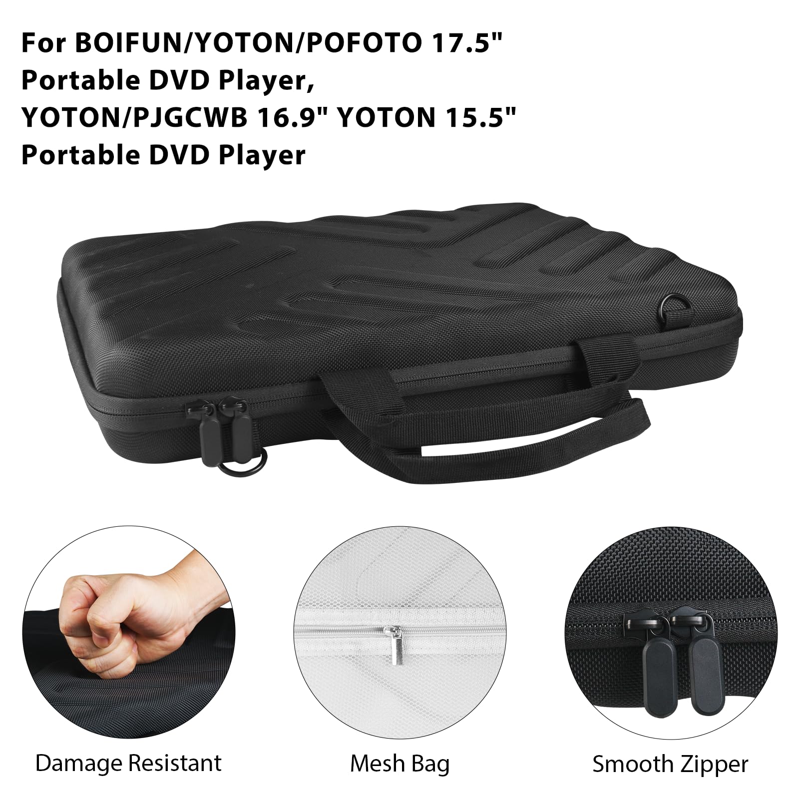 Custodia rigida da viaggio per lettore DVD portatile Boifout/Yoton/Pofoto da 17,5", per YOTON/PJGCWB 16,9"/15,5" POFOTO 15,6", borsa portaoggetti per accessori (solo custodia)