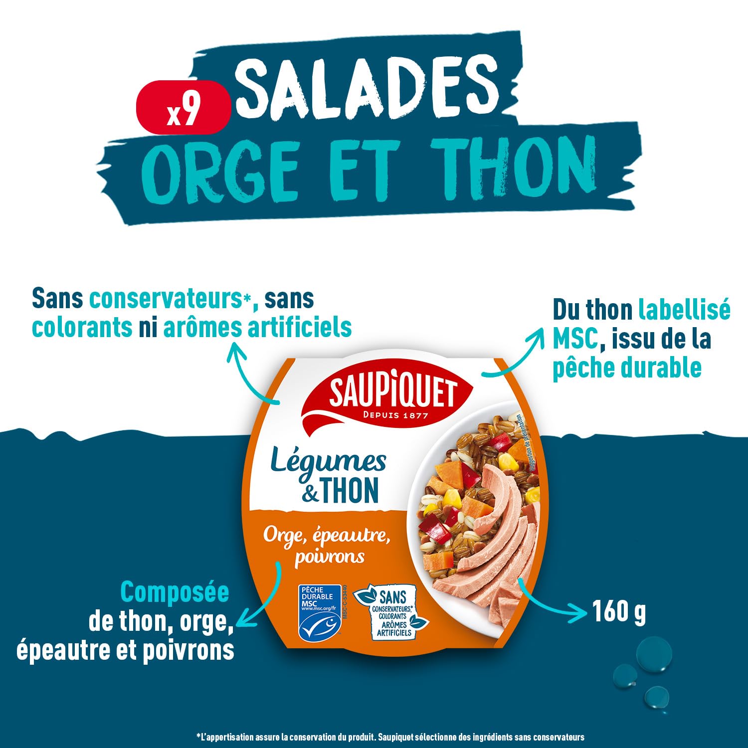SAUPIQUET - Légumes & Thon - Orge, Epeautre, Poivrons - Salade Prête à Consommer - Température Ambiante - Idéal Pique-Nique - Poisson Issu Pêche Traçabilité Garantie - 9 Conserves (160 g)