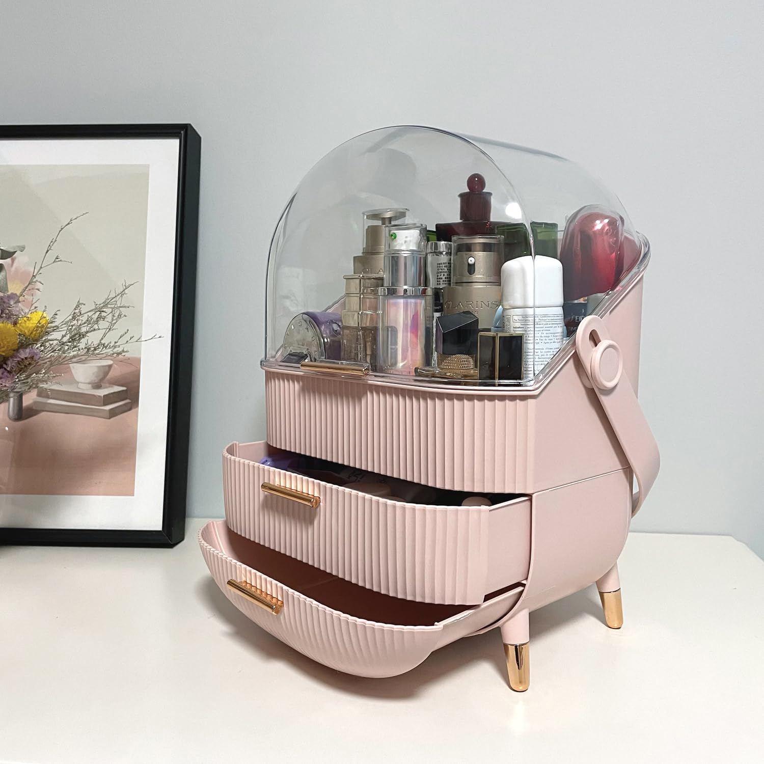 Kousee - Organisateur de maquillage avec couvercle transparent, tiroirs pour soins de la peau, porte-beauté pour salle de bain, coiffeuse, résistant à la poussière et étanche, rose