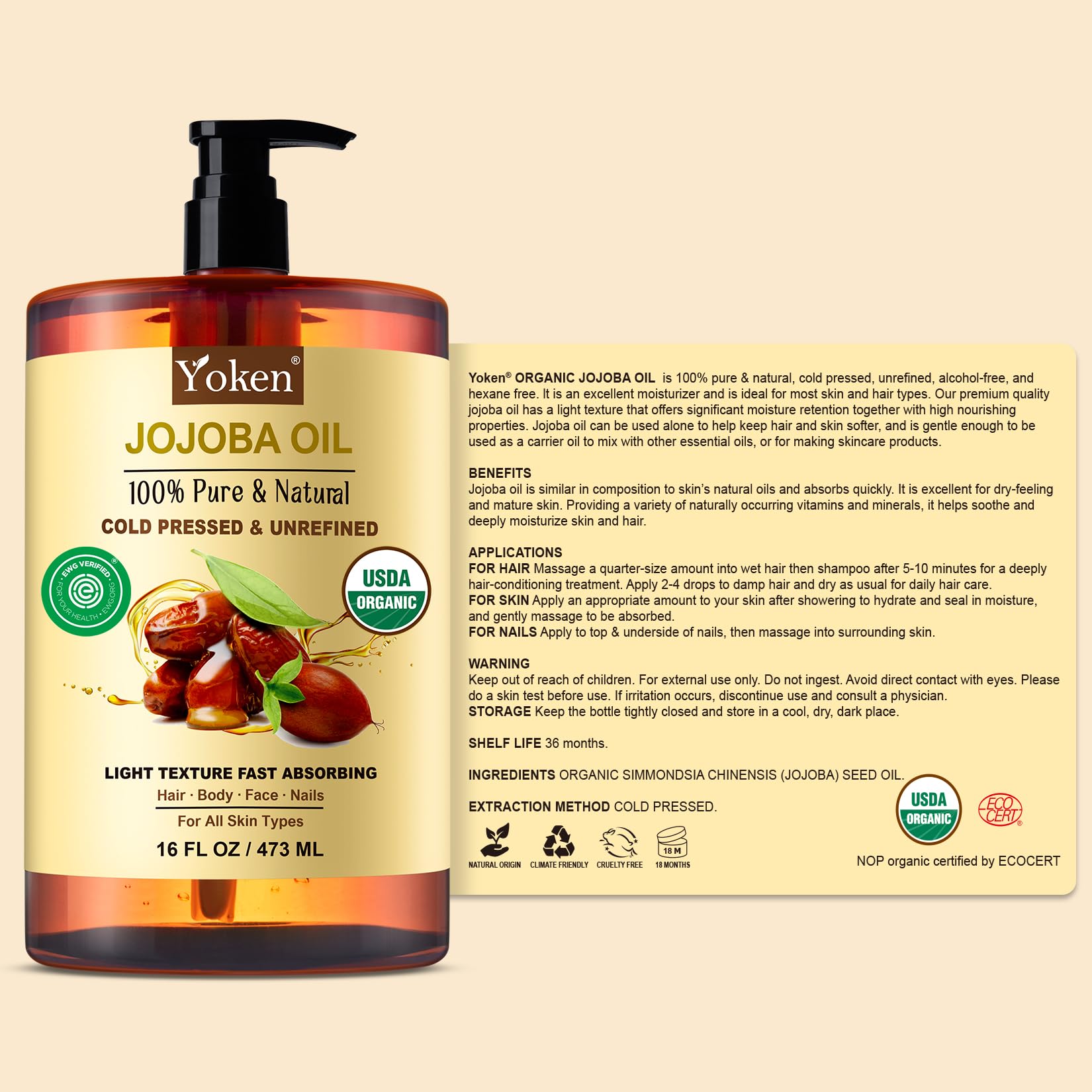 Yoken Pure Jojoba Oil Organic USDA Certified 16 fl oz, 100% Natural Jojoba Oil for Hair, Skin & Face, Cold Pressed Unrefined, Deeply Moisturizing Body Carrier Oils for Essential Oils Mixing
