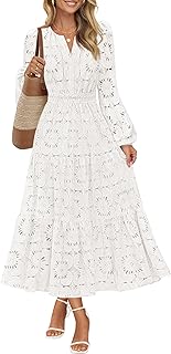 Women's Fall Long Sleeve Floral Maxi Dress Lace Eyelet Hollow Out Tiered...