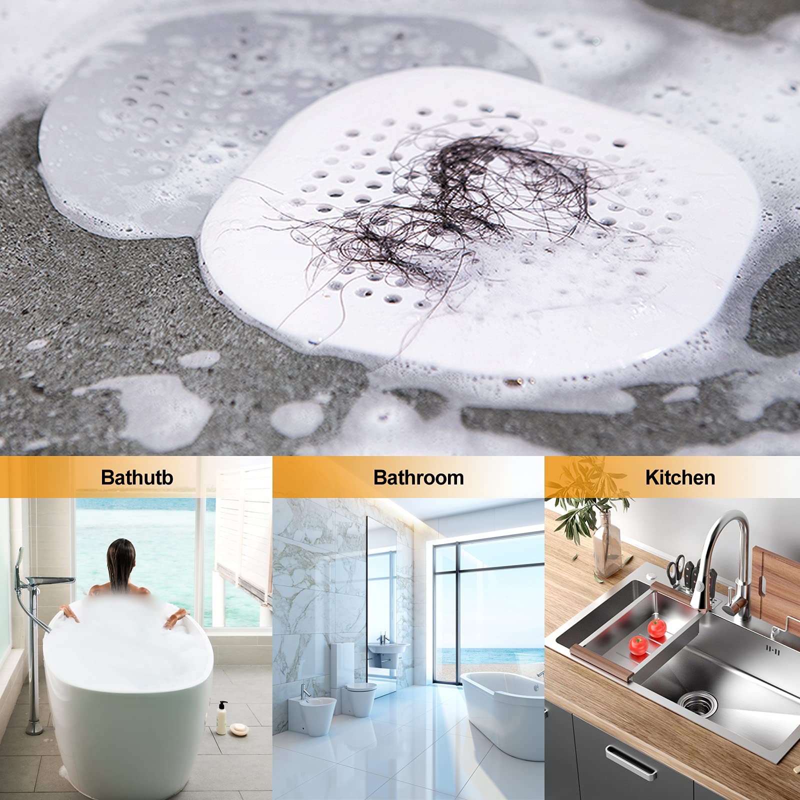 Colector de drenaje de cabello, cubierta de drenaje cuadrada para ducha, tapón de silicona con ventosa, fácil de instalar, traje para baño, bañera, cocina, paquete de 2 unidades (blanco) 6