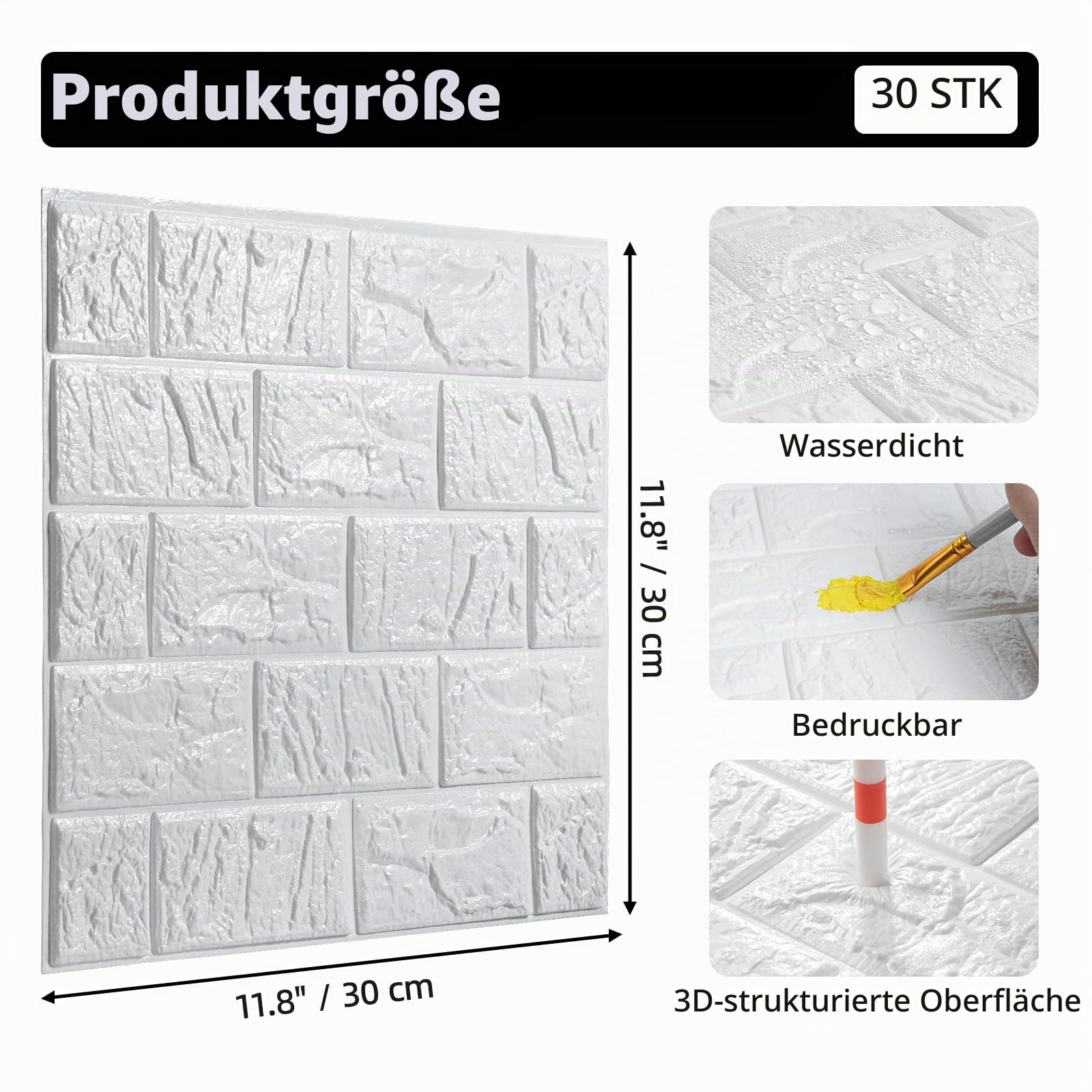 WADILE 3D Wandpaneele 30x30 cm PVC Aluminiumfolie 30 Stück Weiß
