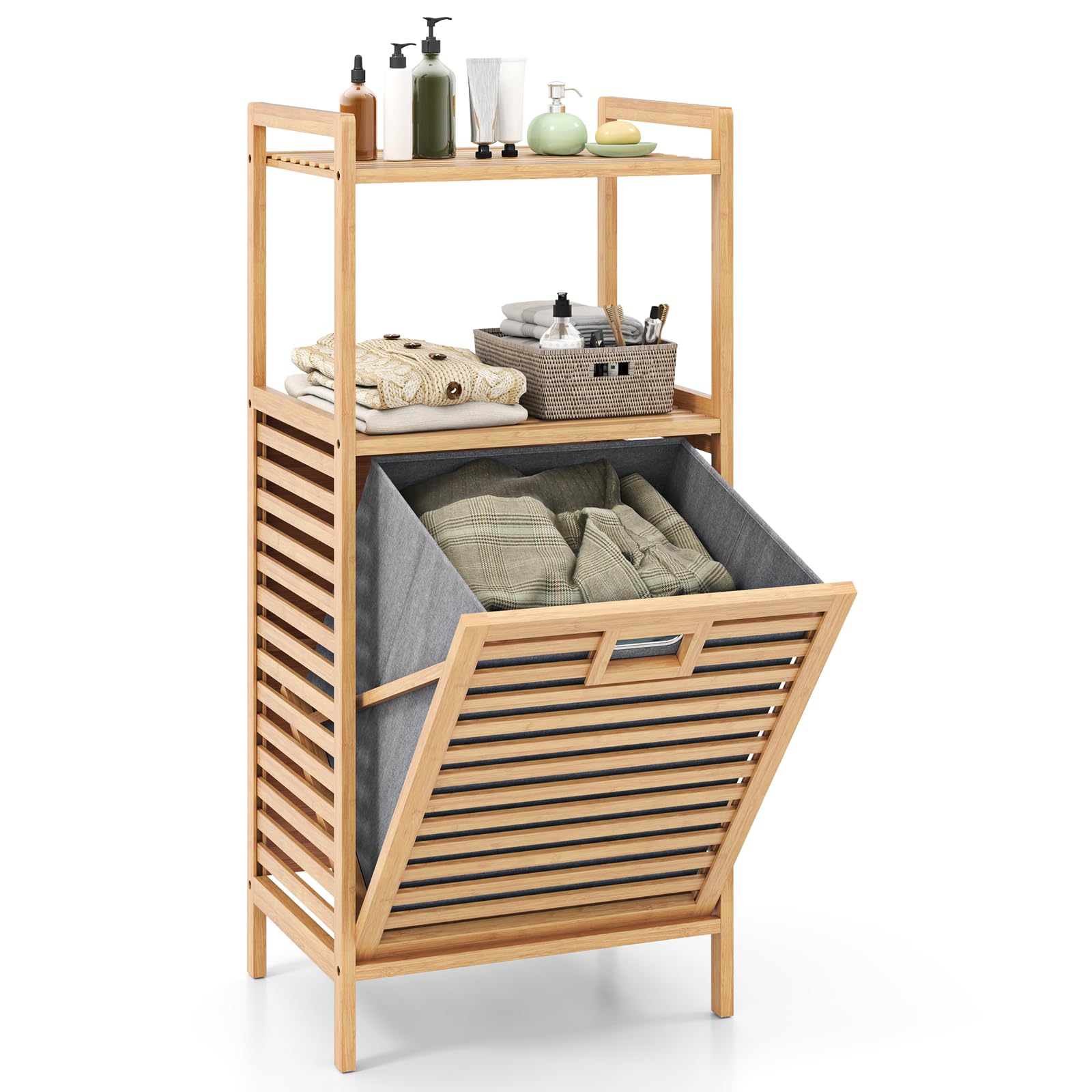 COSTWAY 43 L Cesta de Ropa Sucia con Sistema Inclinado, Armario de Bambú con 2 Estantes de Almacenaje, Cesta Plegable y Removible, Cesto de Ropa Independiente para Baño, Lavandería, Dormitorio