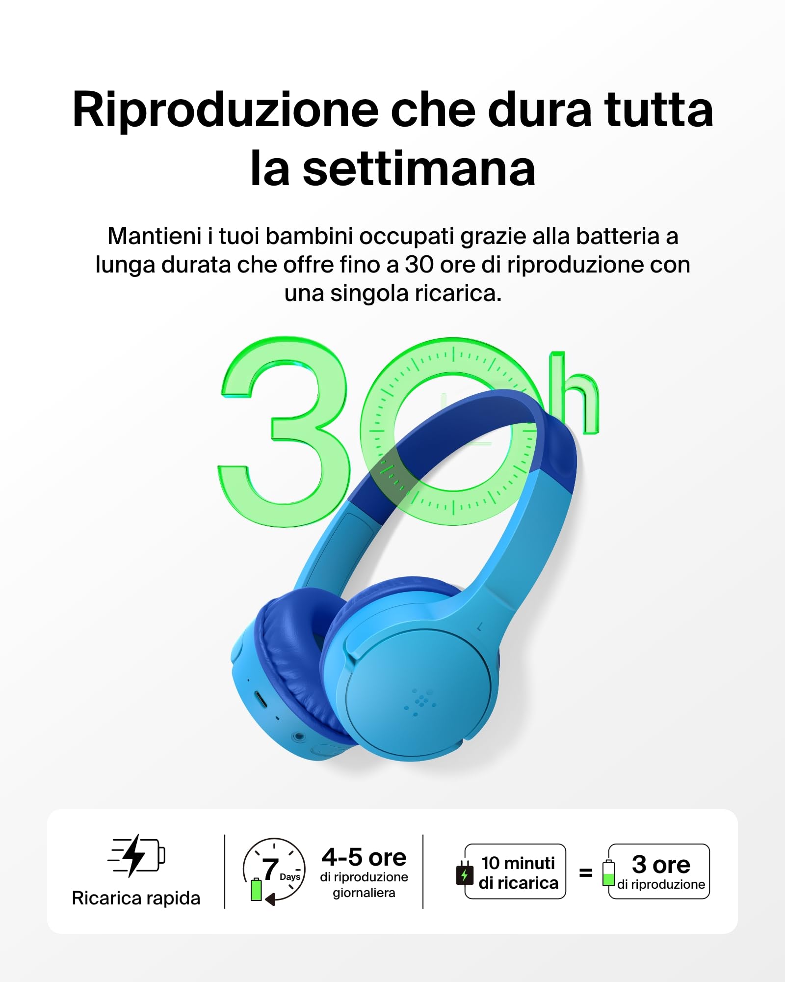 Belkin SoundForm Mini Cuffie wireless per bambini con microfono, 30 ore di riproduzione, adesivi divertenti, headset over-ear per didattica online, scuola e viaggi, per iPhone, iPad e Galaxy, blu