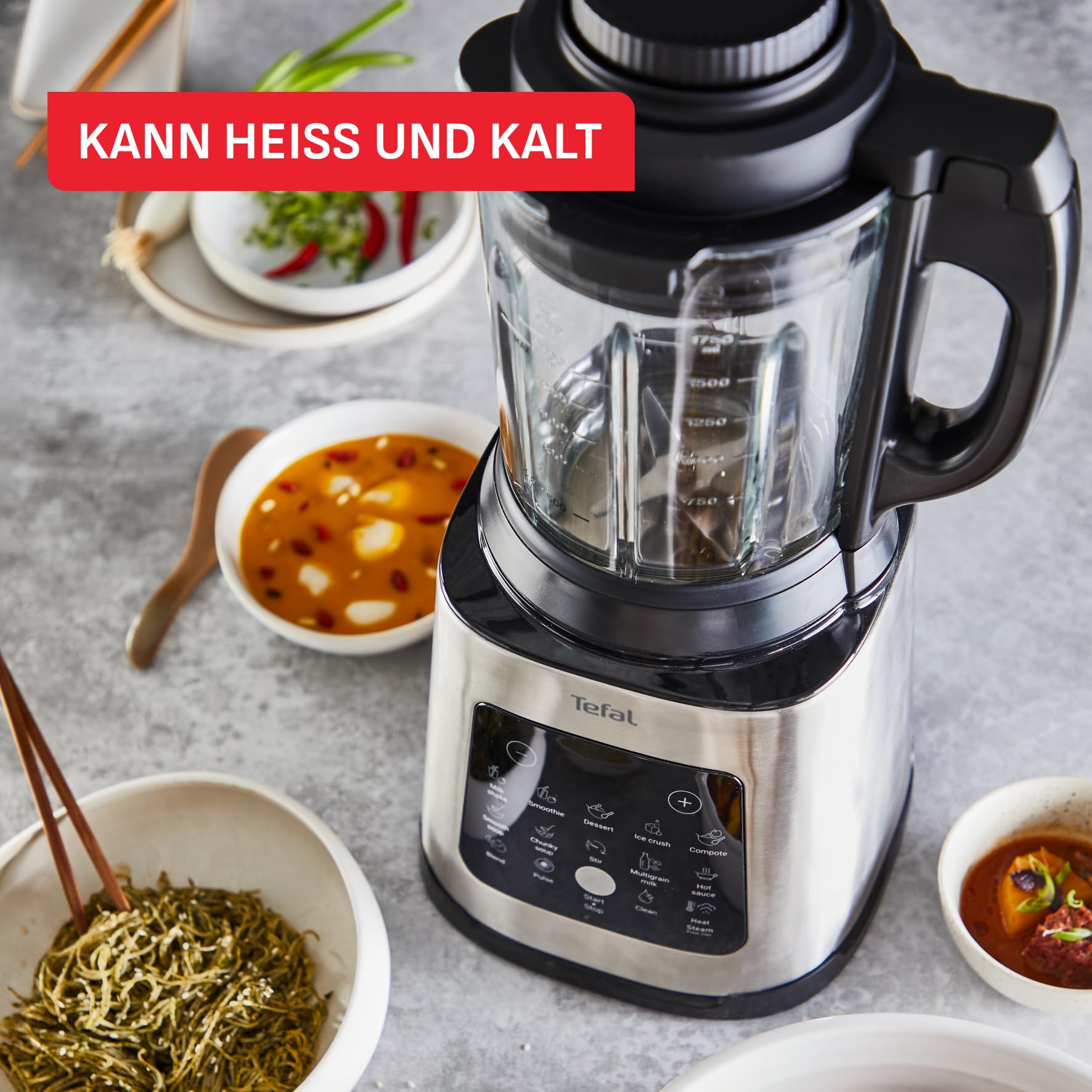 Tefal PerfectMix Cook Hochgeschwindigkeits-Standmixer, mit Kochfunktion, 1400-Watt-Motor, 10 Auto-Programme, heiße und kalte Rezepte, abnehmbare Klingen, inkl. Dampfkorb, Silber/Schwarz, BL83SD30