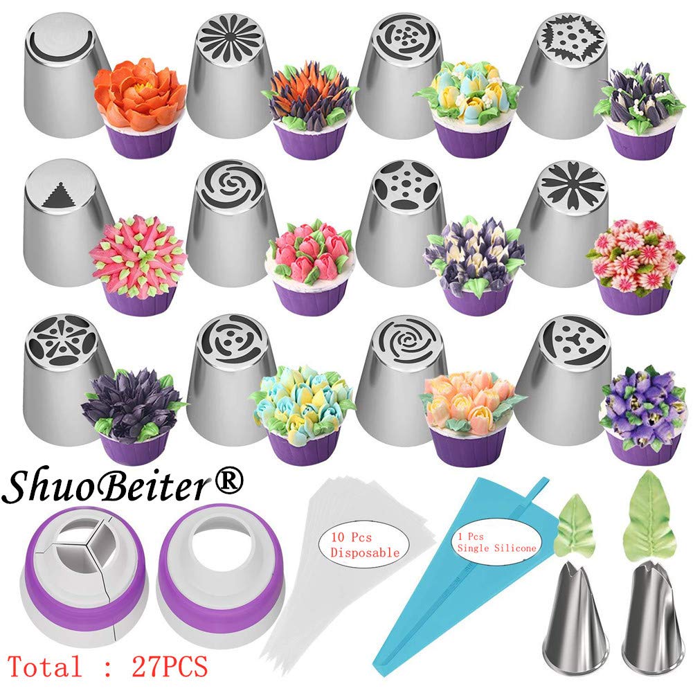 27pcs Russian Piping Tips Baking Supplies Set Cake Decorating Tips for Cupcake Cookies Birthday Party, 12 Icing Tips, 2 Leaf Piping Tips, 2 Couplers, 10 Pastry Baking Bags (27)