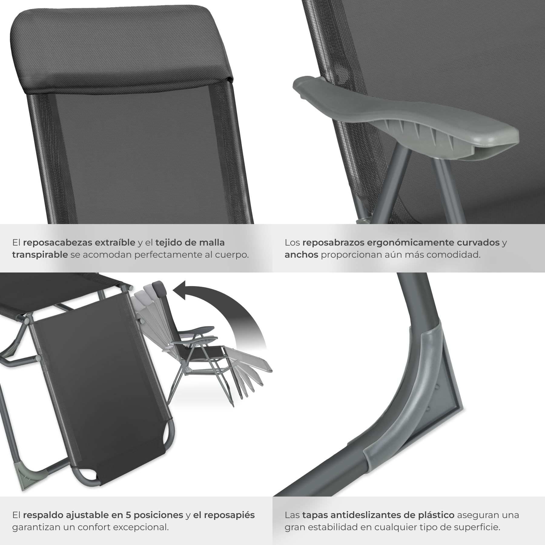 tectake® Conjunto Sillas Jardín Exterior de Aluminio, Respaldo Regulable y Reposacabezas, Conjunto Sillas Terraza Resistentes a Intemperie, Transpirable - 2 Tumbonas Antracita