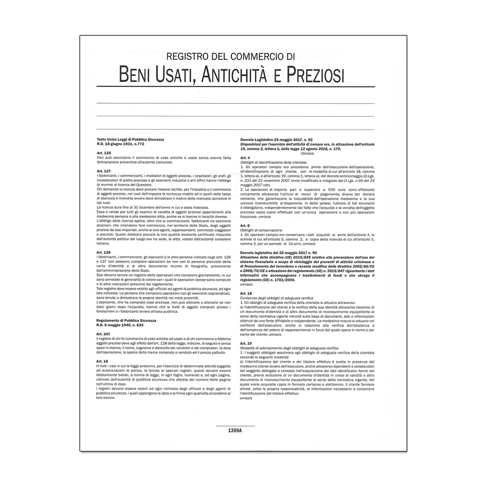 REGISTRO DEL COMMERCIO BENI USATI ANTICHITA' E PREZIOSI