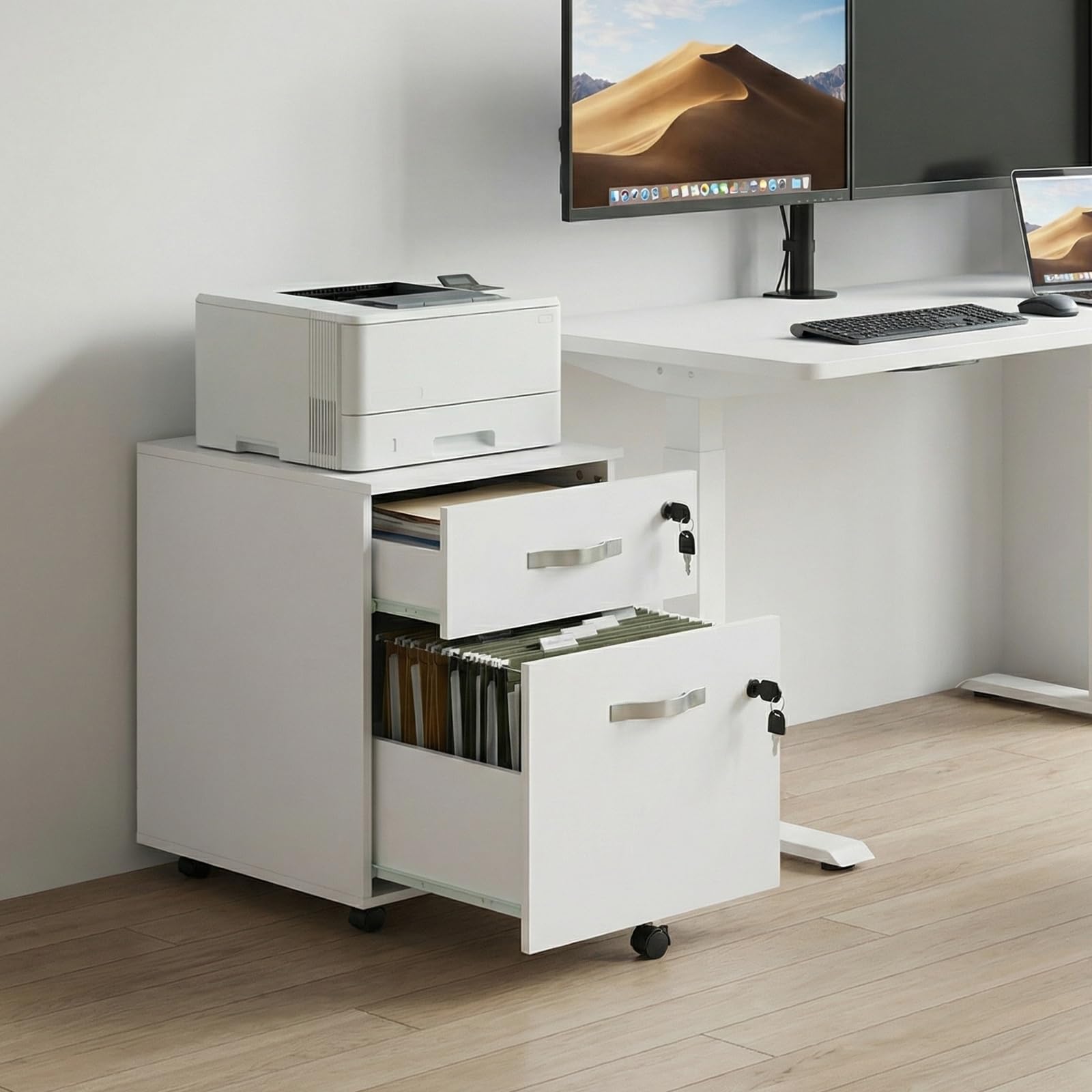 Caisson de Rangement, Meuble Bureau à 5 roulettes, 2 Tiroirs, Verrouillable Meuble sous Bureau 53.5 cm Hauteur, Blanc