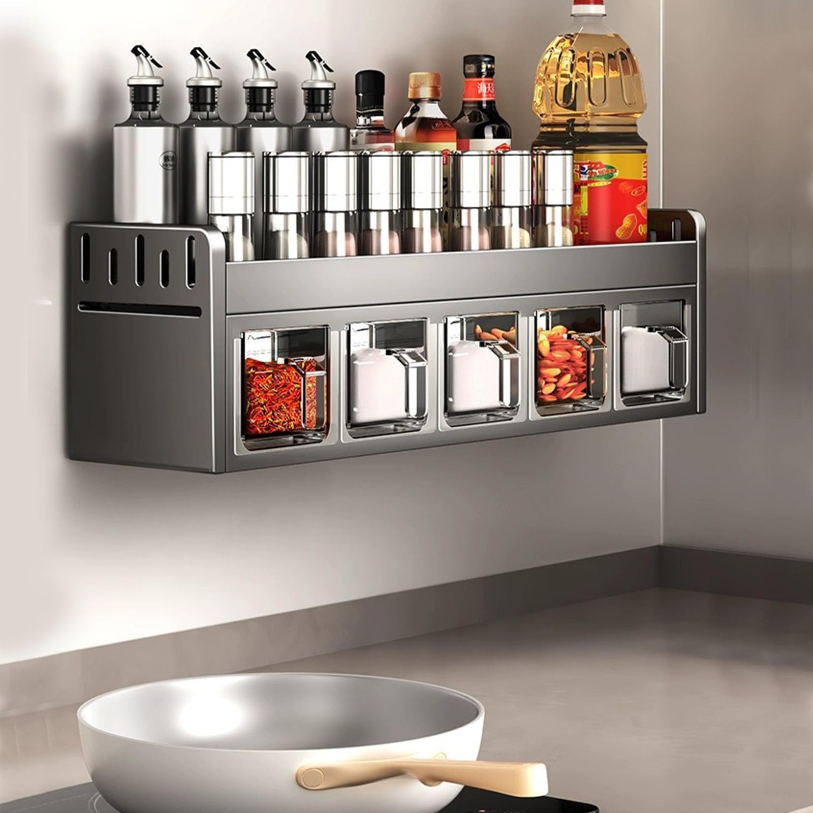 Portaspezie in alluminio – Nessuna foratura necessaria in piedi e montaggio a parete, design a 4 celle, per armadietto da cucina e barattoli per spezie, grigio
