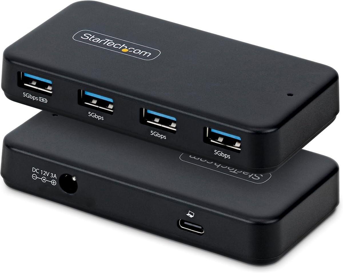 StarTech 4-Port USB-A Hub, 5Gbps, 24W PA Included (ST4300USB3V2-NA) | 2-in-1 USB-C and USB-A host cable, BC 1.2 fast-charge port, 24W adapter, North America plug, MacBook Windows
