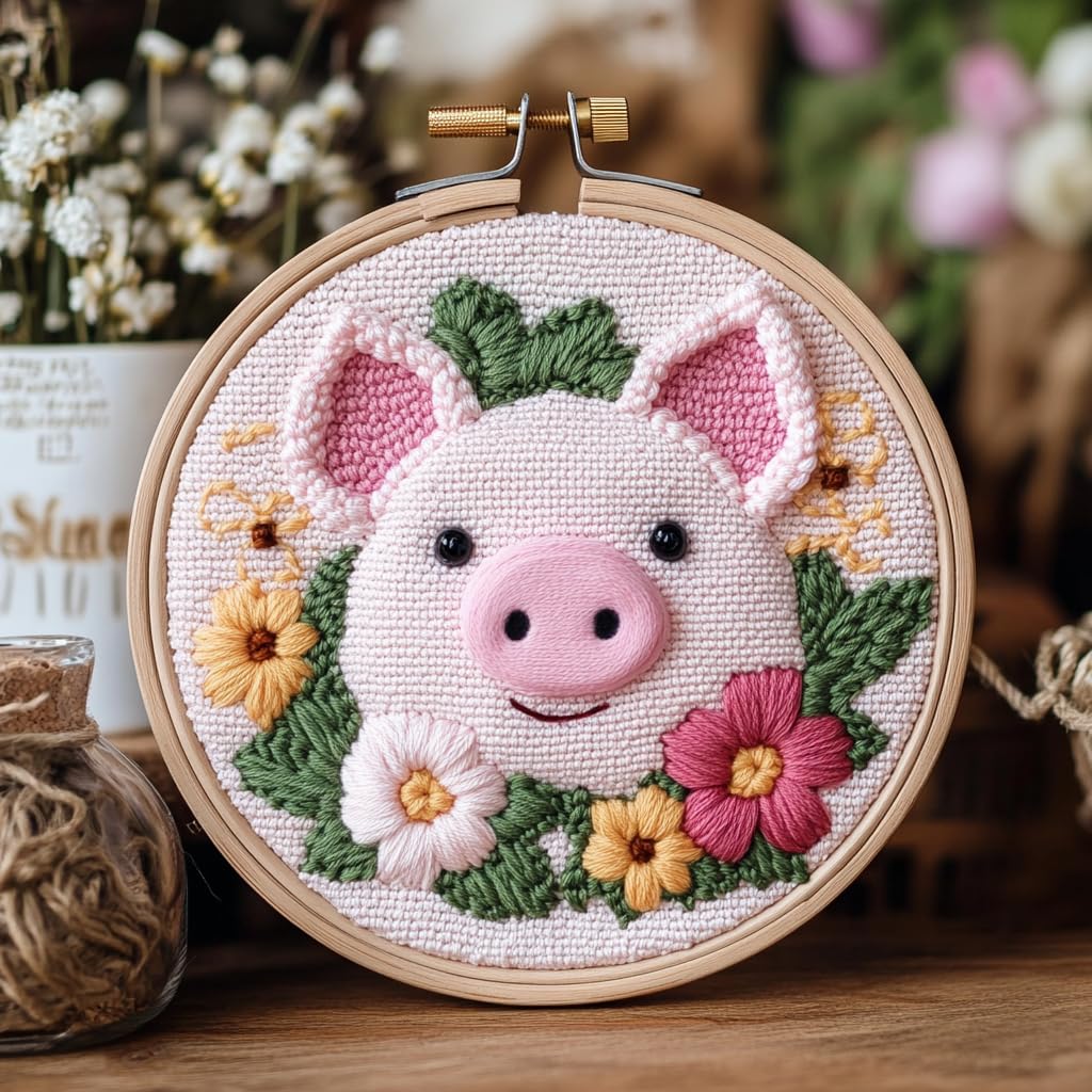 DIY Punch Needle Kits Cute Pig in Flowers Easy for Beginners Punch Needle Embroidery Set with Hoop Stamped Pattern for Craft Lovers and Home Decor-2