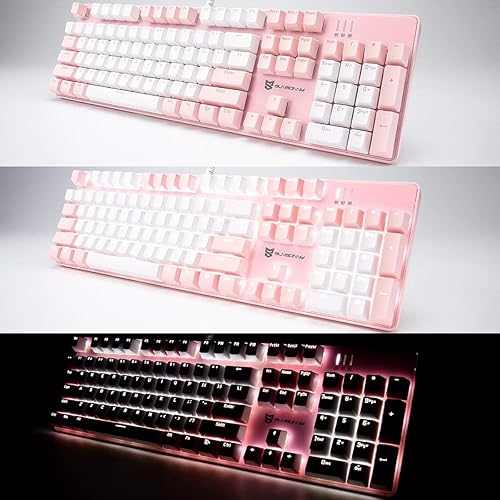 Miniatura 5 de Teclado mecánico con cable Interruptor marrón Diseño de 104 teclas de EE. UU. Intercambiable en caliente y silencioso Combo rosa y blanco