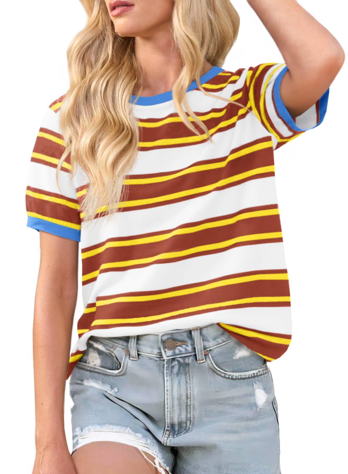 Imily Bela Womens Summer Tops 2025 Striped Color Block Short Puff Sleeve T Shirt Casual Crewneck Loose Basic Tee