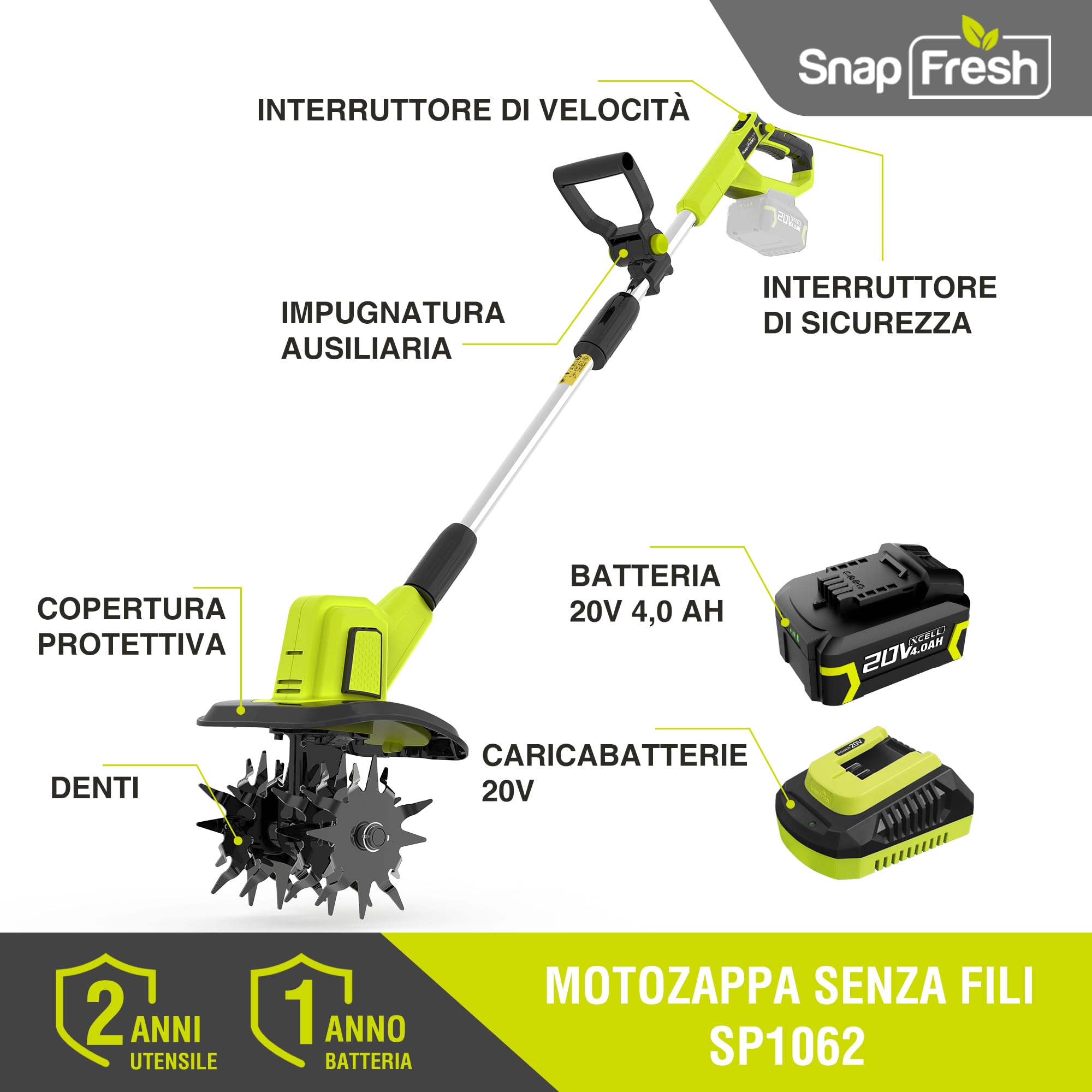 SnapFresh Motozappa a Batteria Senza Fili 20V, Coltivatore da Giardino a 3 Velocità con Batteria da 4,0 Ah, Motozappa Elettrica da 300 RPM per Prato/Giardinaggio/Lavorazione del Terreno