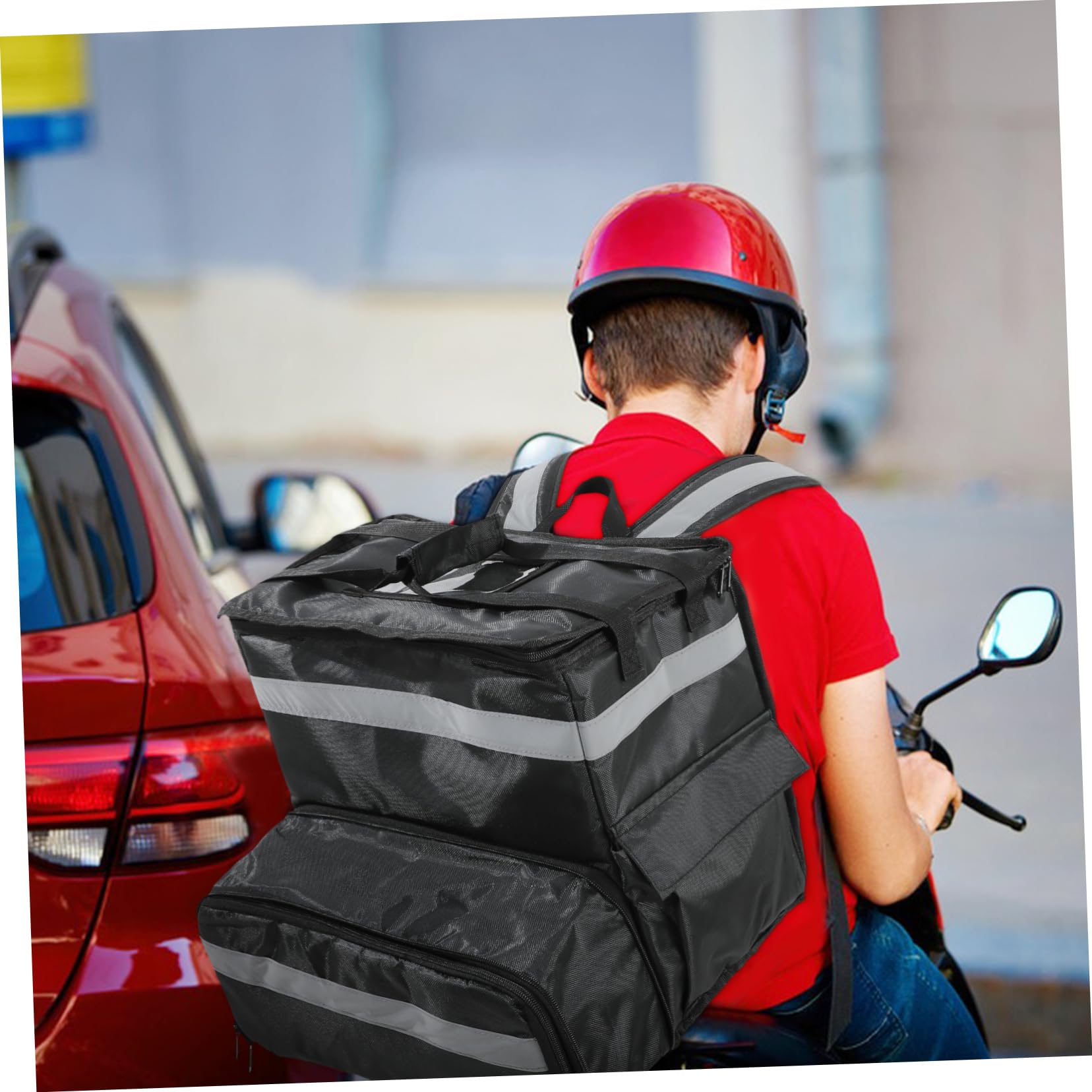 Bolsa Térmica para Comida de Gran Capacidad en Oxford Negra | Compartimento Frontal Ampliable, Tiras Reflectantes, Interior Espacioso para Transporte de Pizza