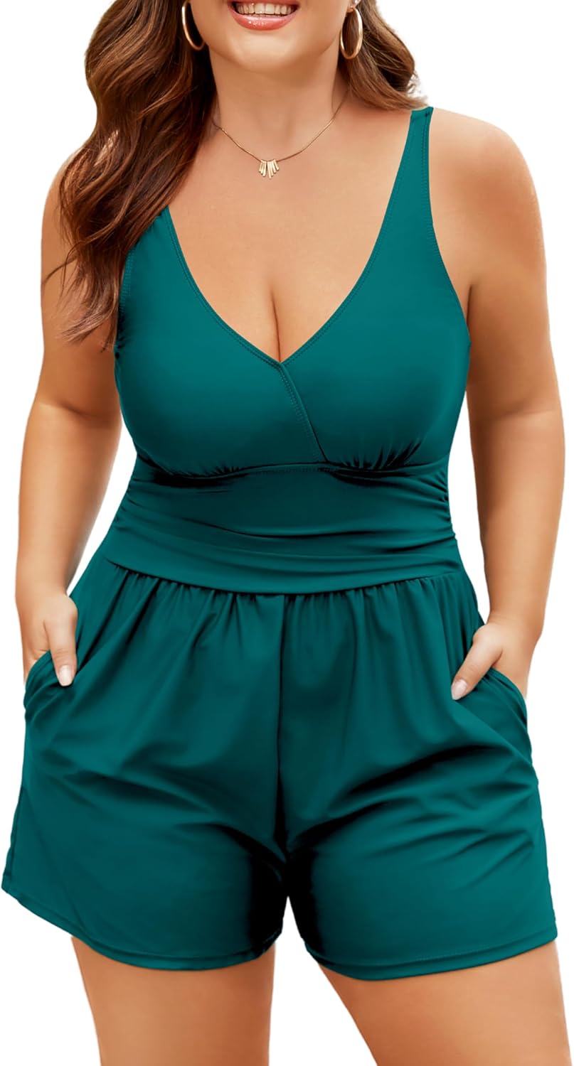 Plus Size Swim Romper Women One Piece Swimsuit Tummy Control Bathing Suit with Shorts Modest Full Coverage Swimwear