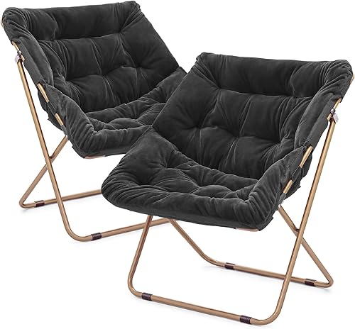 Magshion Silla cuadrada plegable de gran tamaño con platillo de luna para adultos, silla grande y acogedora para dormitorio, color negro, juego de 2