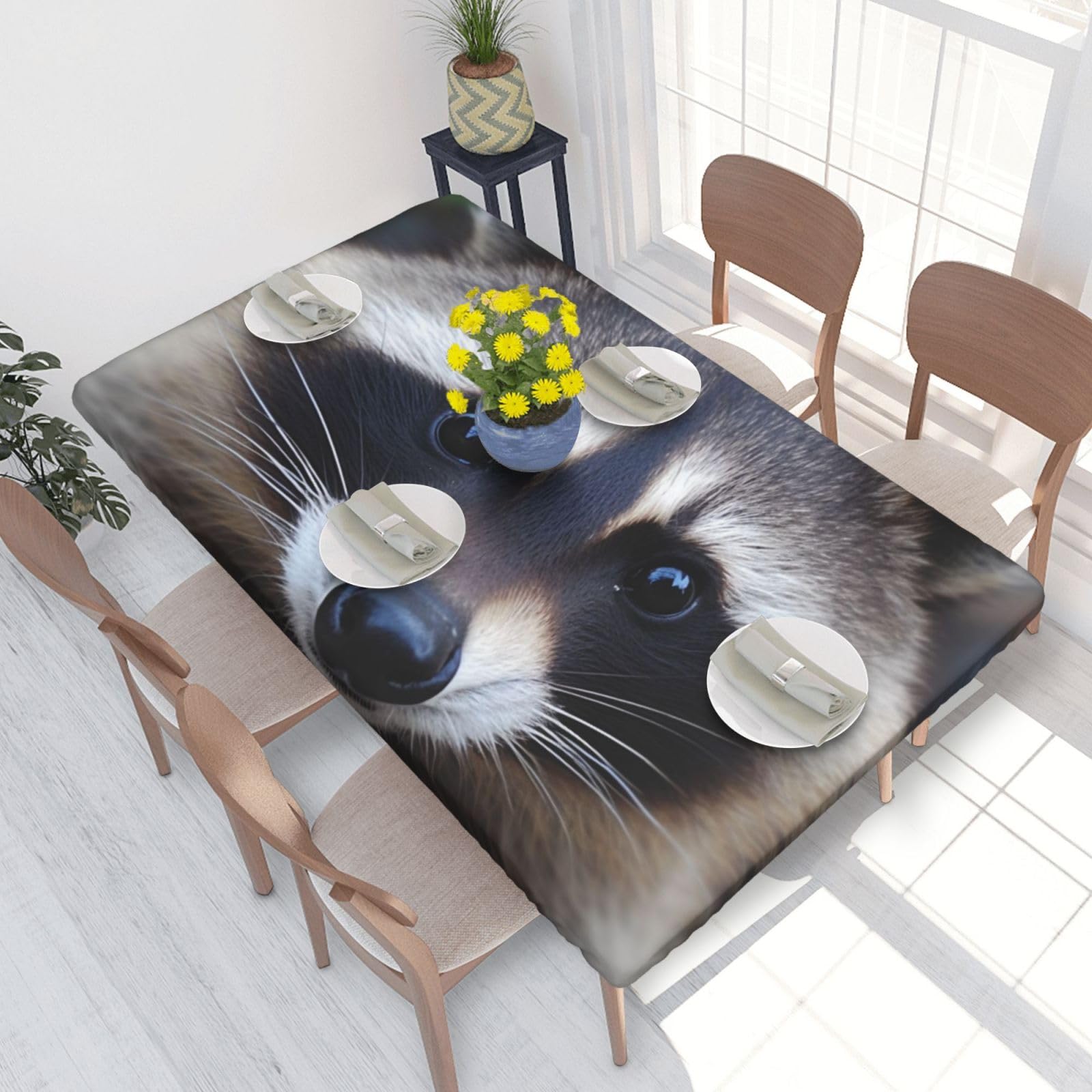 DCARSETCV Little Raccoon Face Printed 4FT Waterproof Tablecloth with Elastic Edged Protect & Decor Your Table, Oil-proof Washable Table Cloth Cover for Dinner Picnic Party