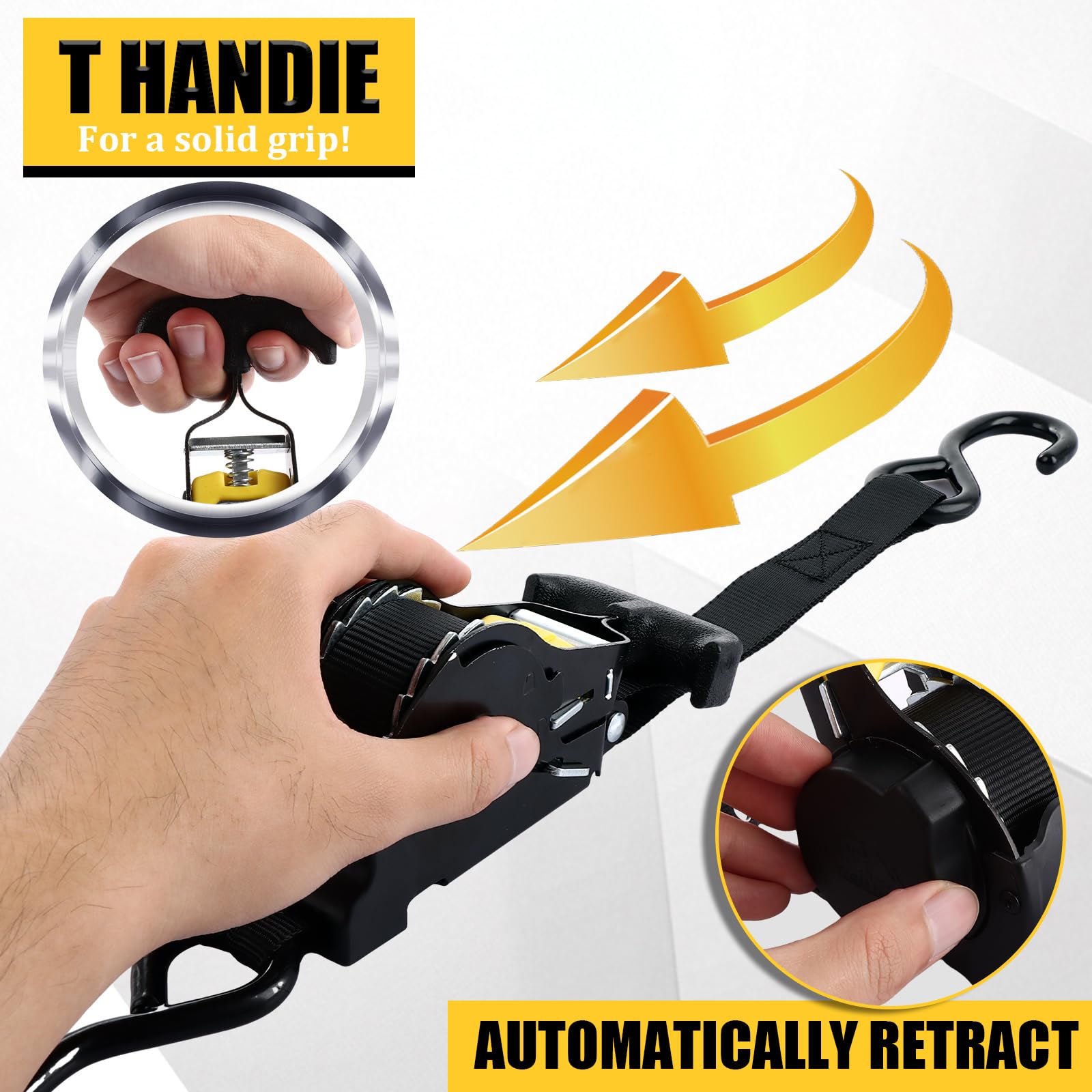 Correas de amarre de trinquete de retracción automática para transporte de carga