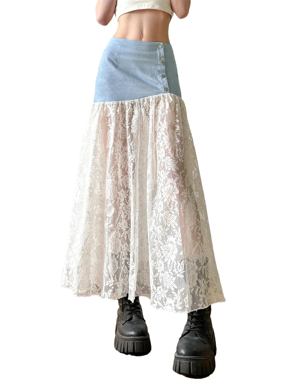 Womens Sheer Denim Skirt Lace Patchwork Low Waist Button Detail