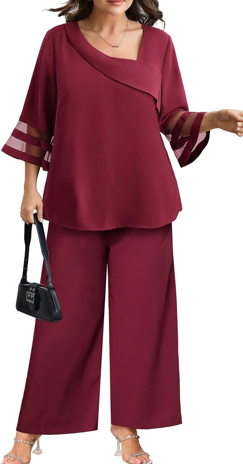 AOVDE Plus Size Pant Suits 2 Piece Casual Dressy Pantsuits Mesh Panel Bell Sleeve Outfits for Women Evening Dinner Party