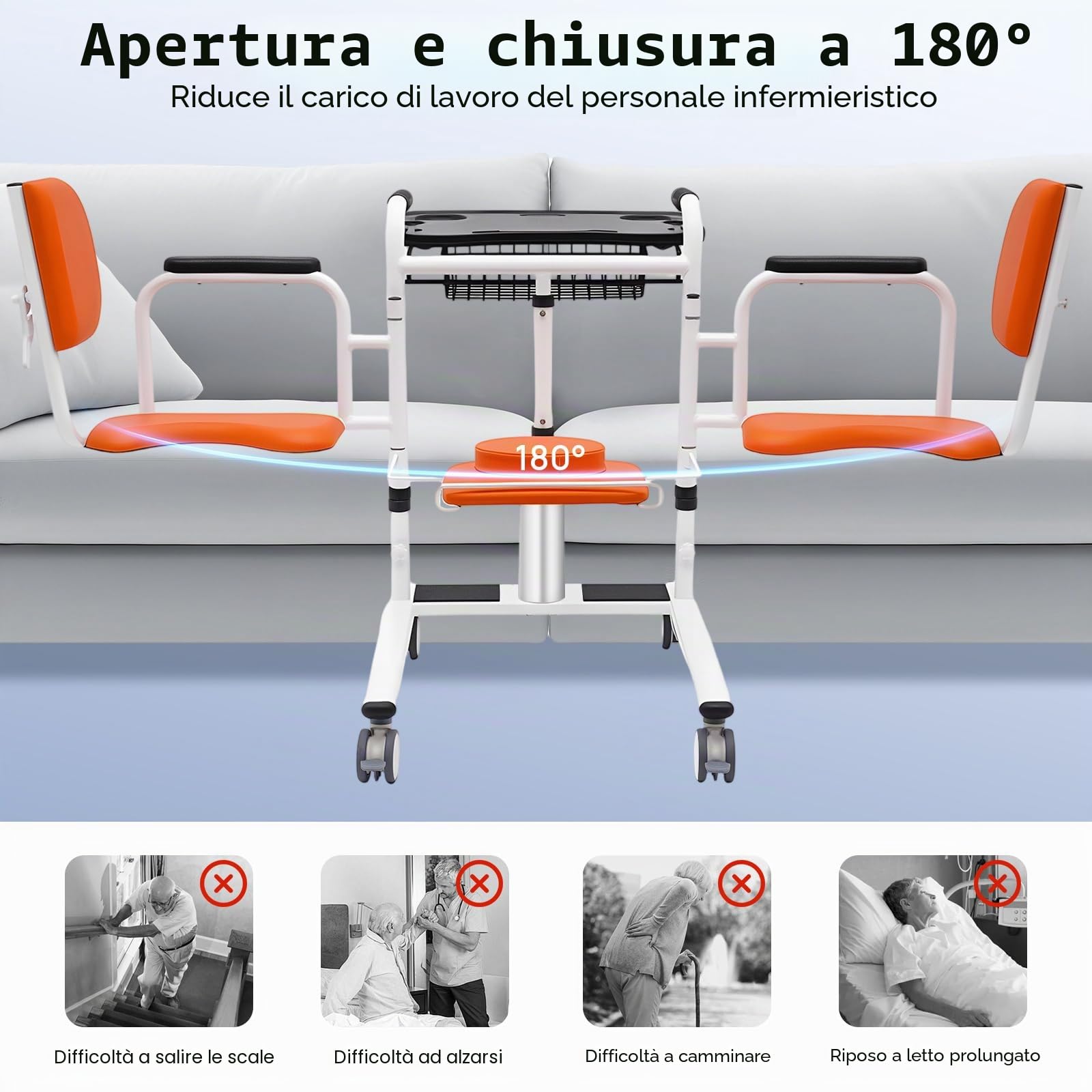 Sollevatore idraulico paziente, sedia a trasferimento paziente, sedia WC per anziani, seduta a 180°, altezza regolabile 150 kg, portata in casa di cura