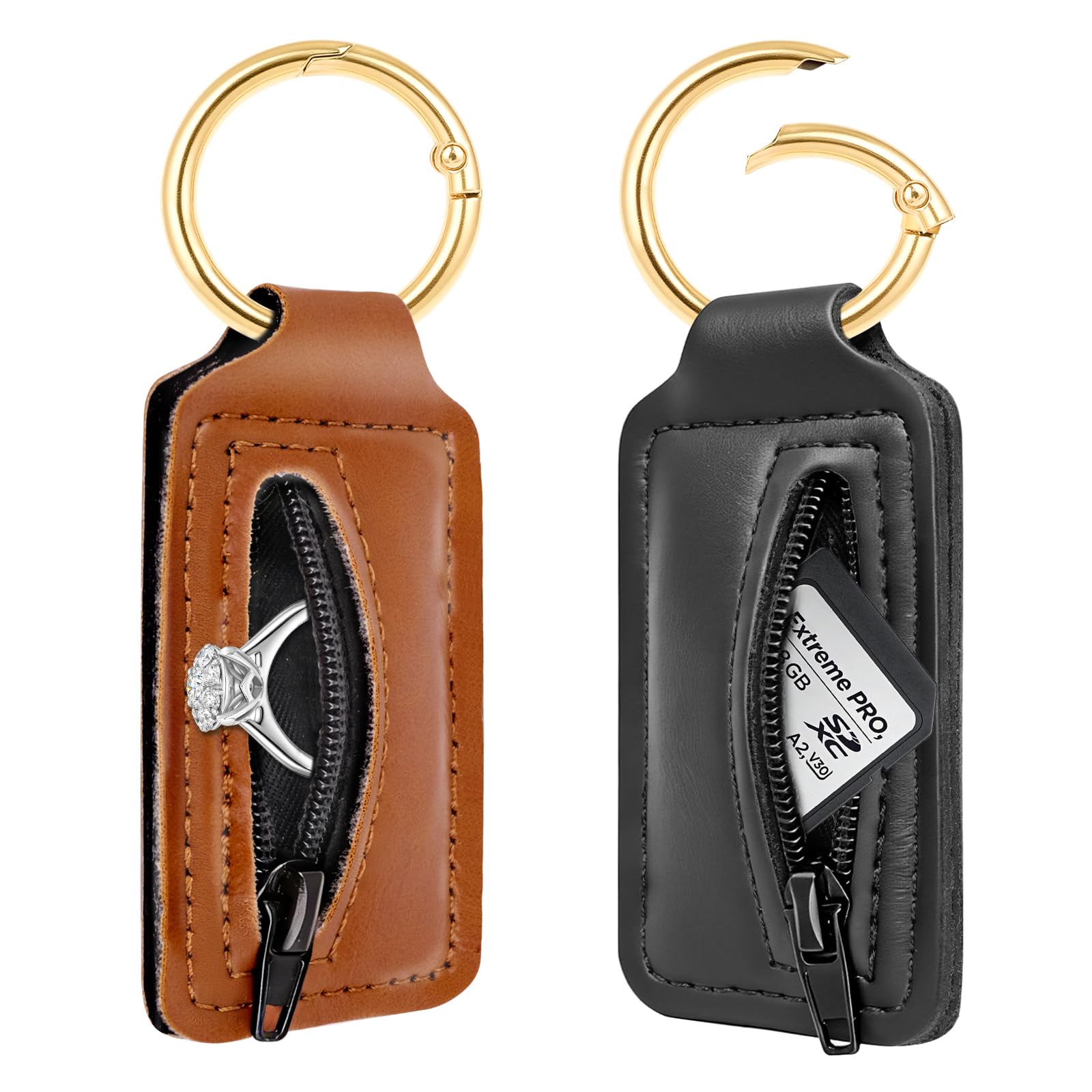 2 Pcs Mini Ring Holder Keychain Small Travel Jewelry Case Box Dual-Sided Zippered Travel Ring Holder for Gym