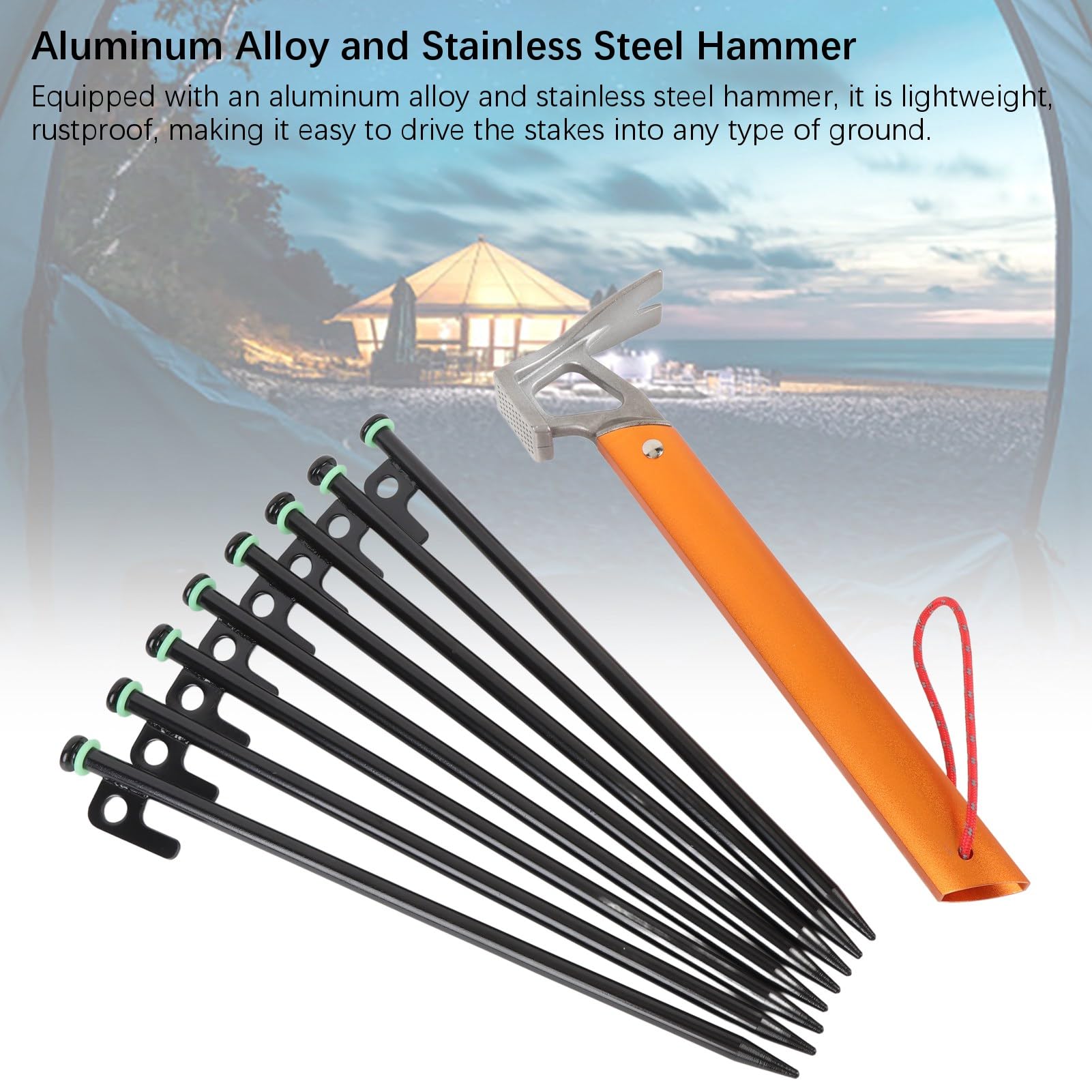 Piquets de Camping pour Tente Multi-usages 30 cm avec haubans d'extérieur de 4 mm, Cordons de Tente légers, piquets de Corde de Camping, Sac, Clips pour auvent, Marteau pour (Noir Orange)