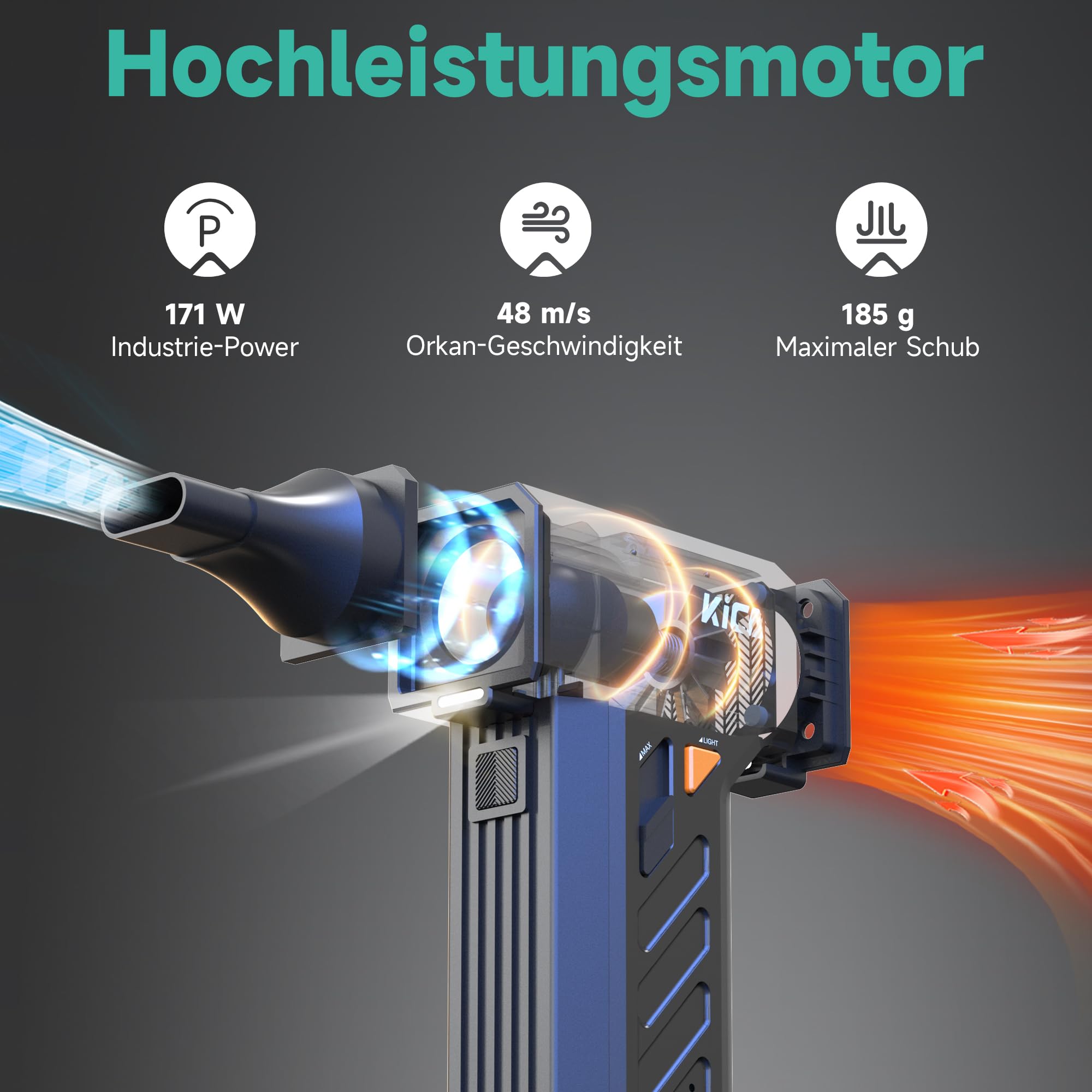 Kica JetFan Ultra Elektrisches Staubgebläse & Druckluftspray – Kabellos & USB Wiederaufladbar, 130.000 U/min, 48 m/s Windgeschwindigkeit, Air Duster für PC, Tastatur, Auto, Sofa & Büro mit LED-Licht