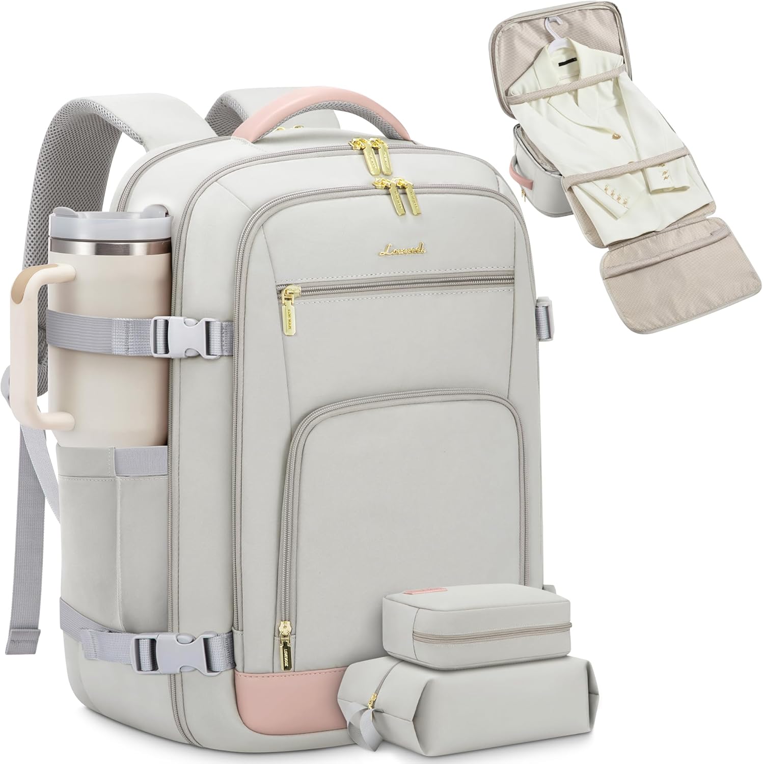 LOVEVOOK Travel Backpack for Women, 50L Carry On Backpack Flight Approved with Garment Bag, Personal Item Travel Bag Fit 17 Inch Laptop, Business Weekender Overnight Daypack With 2 Cubes, Pink-Grey