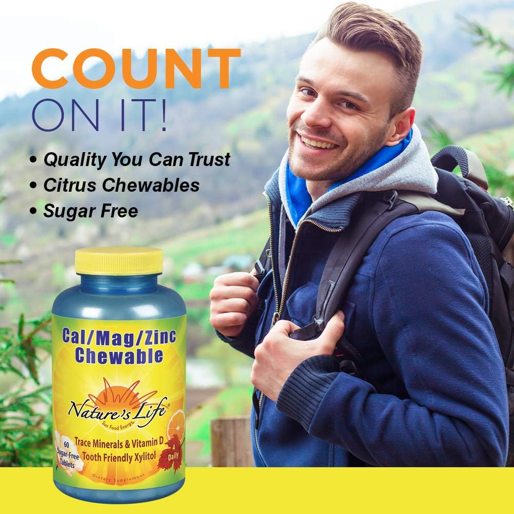 Nature's Life Cal Mag Zinc Chewable | 100% Plus Daily Value of Calcium, Magnesium, Zinc & VIT D3 for Bone & Heart Health Support | 60 No Sugar Chews : Health & Household