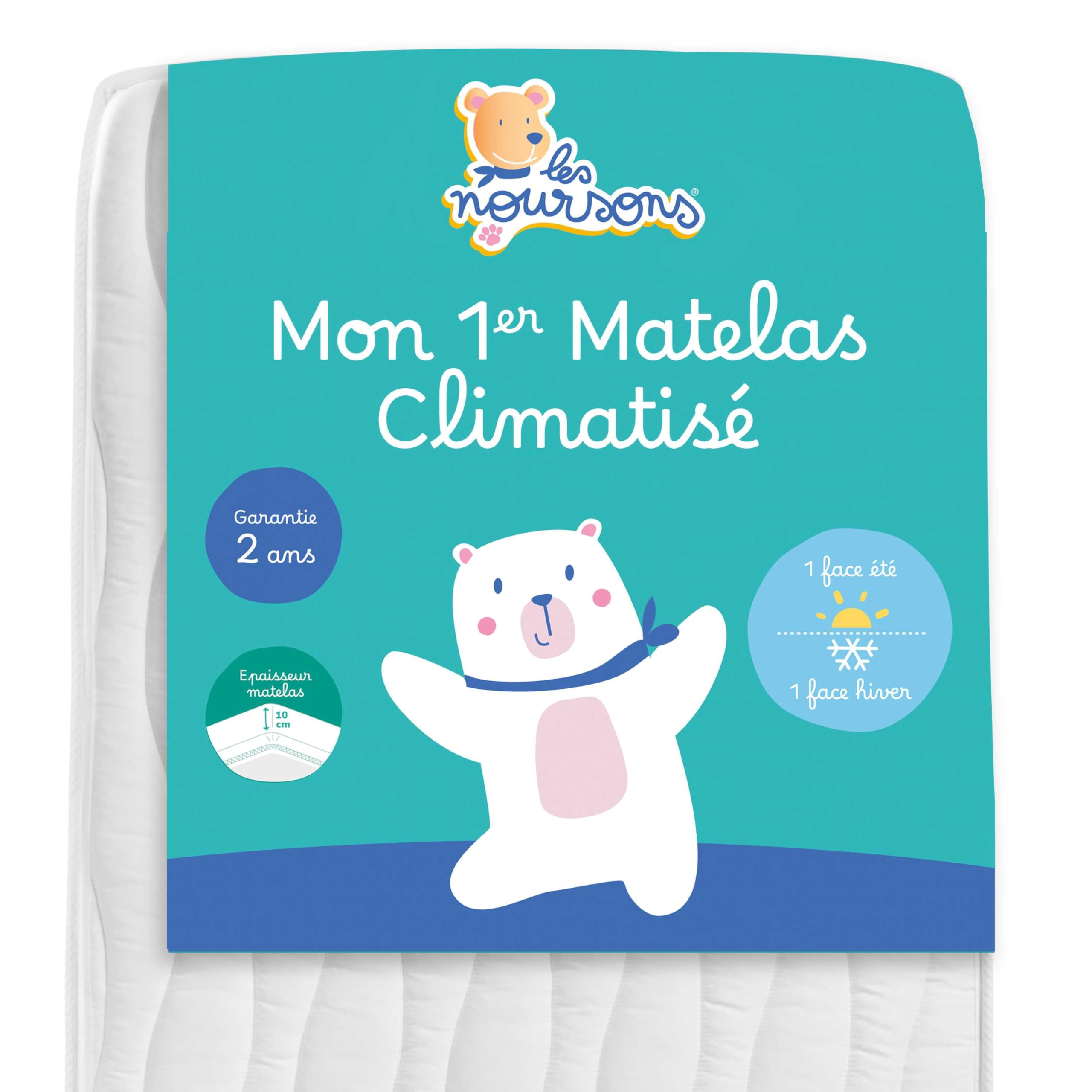 Matelas Bébé Climatisé 60x120 cm- Réversible - 1 Face Été fraîche / 1 Face Hiver ouatinée - OekoTex® - Fabrication Française