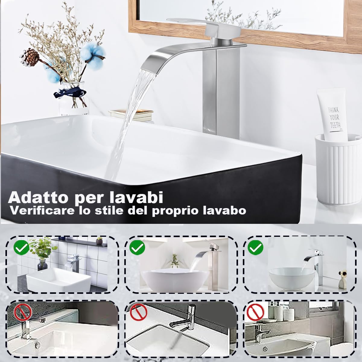 XWIHTR Rubinetto da bagno a cascata, rubinetto per lavabo, rubinetto per lavabo a una maniglia; bocca calda e fredda, silenzioso; rubinetto da bagno in ottone in acciaio inox (spazzolato-h)