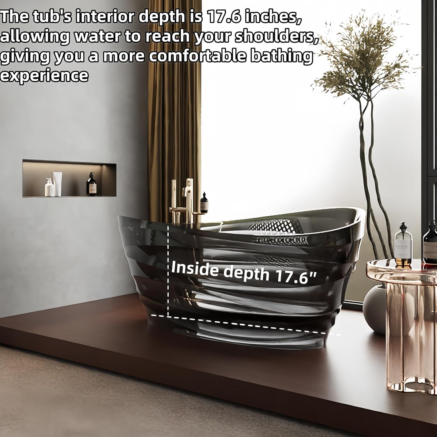 Natural Resin Freestanding Bathtub - Modern Oval Soaking Tub, Non-Slip Textured Surface, Easy To Clean, Luxury Bathtub With Drain, Suitable For Modern Bathroom (Transparent, 63"L x 34.6"W x 28.3"H)