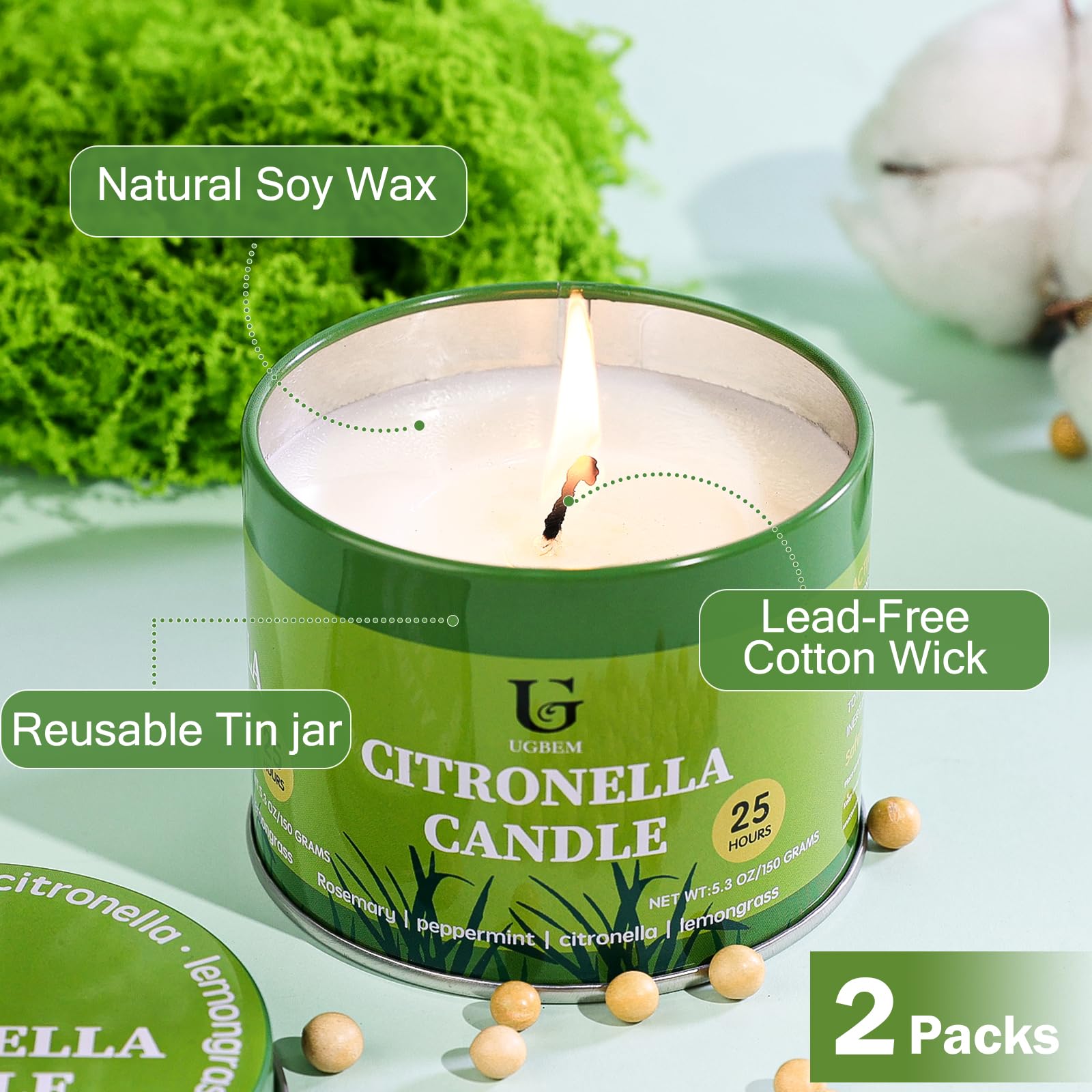 Citronella Candles Outdoor (5.3oz, 2 Packs) Natural Soy Wax Camping Candle, Plant-Based Citronella Essential Oil Large Lemongrass Candle for Patio, Deck, Garden, Backyard, Home Indoor - 4