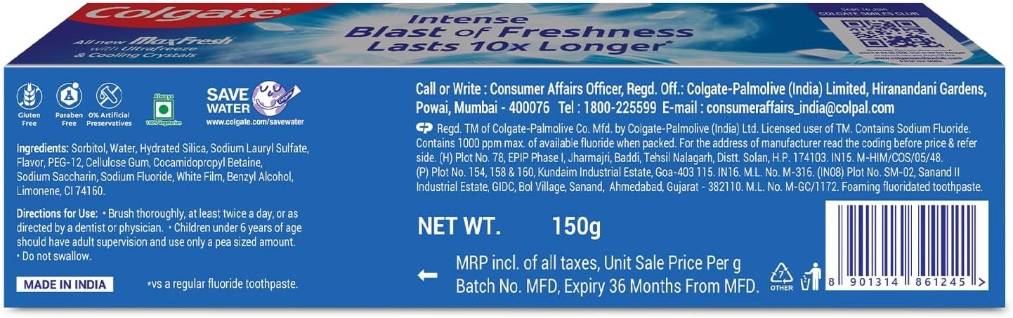 Back of Colgate Maxfresh Toothpaste tube with ingredients and directions