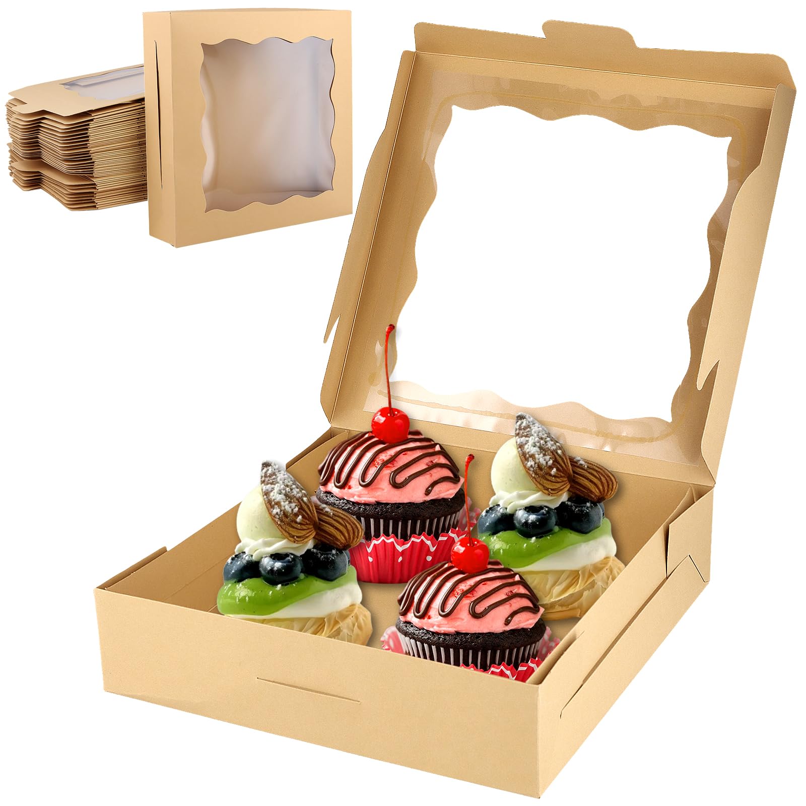 Taicheut Brown 30 Pcs 10 X 10 X 2.5 Inches Kraft Large Bakery Boxes With Clear Window, Cookie Pie Boxes For Donut, Cakes