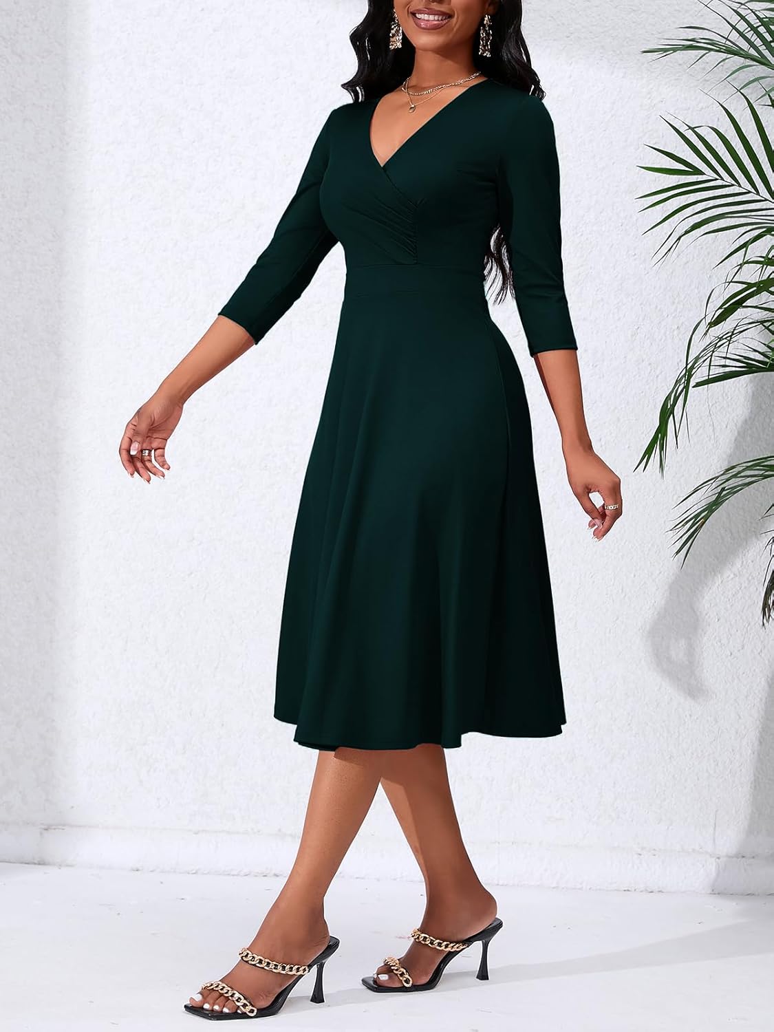 Women's Casual Wrap Flared Midi Dress - A-Line Swing V-Neck 3/4 Sleeve Dress for Wedding Guest & Cocktail Tea Party - Image 3